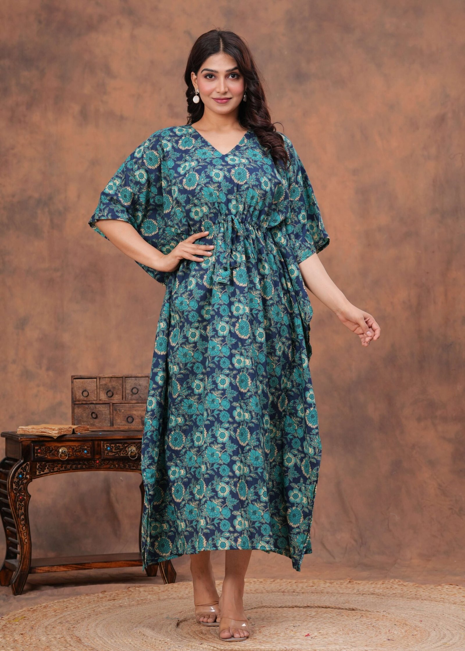Women’s Blue Cotton Floral Printed Kaftan Dress with Drawstring Waist