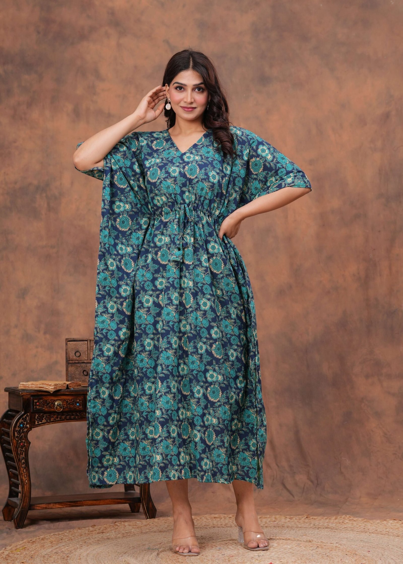 Women’s Blue Cotton Floral Printed Kaftan Dress with Drawstring Waist