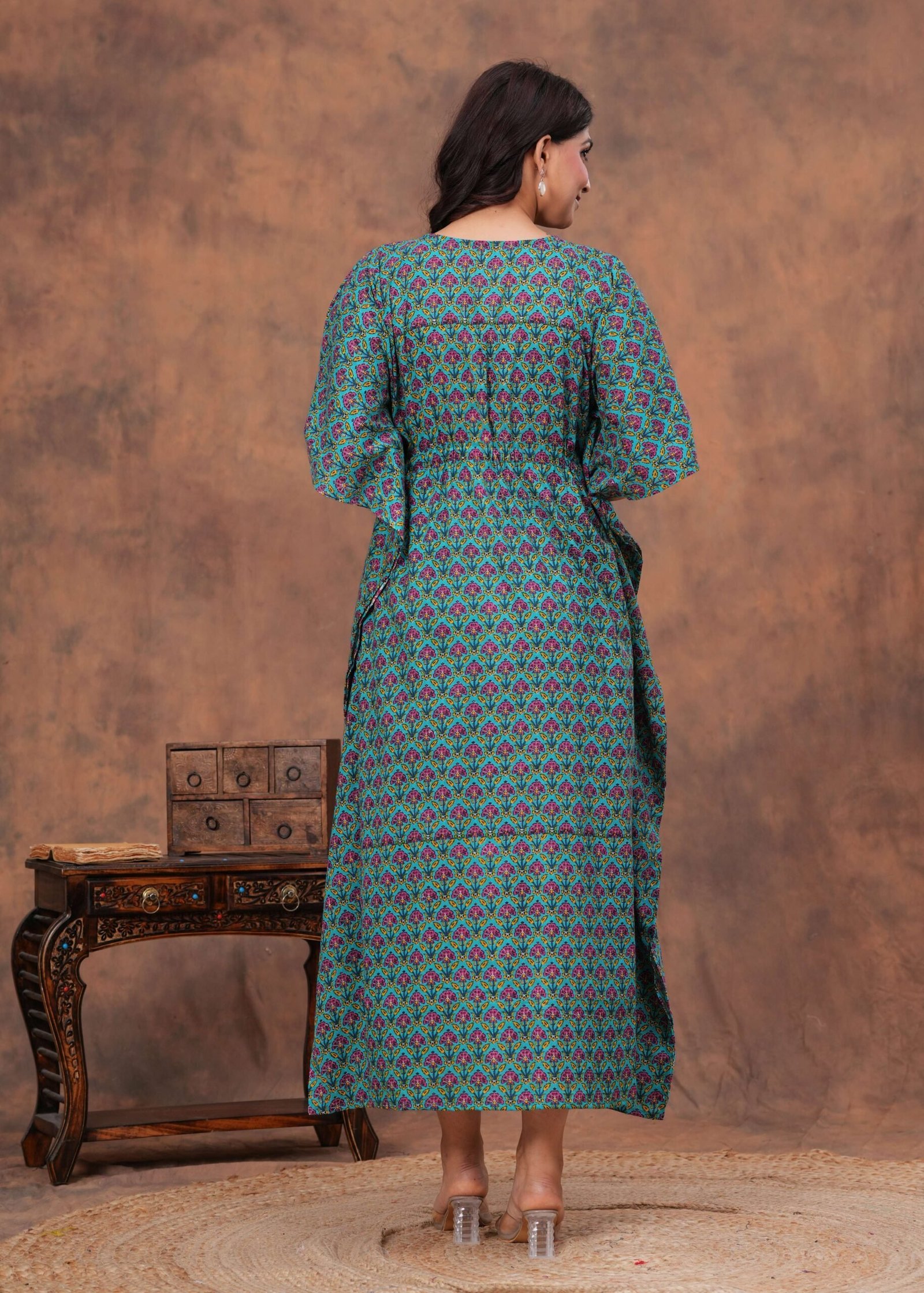 Women’s Green Cotton Printed Kaftan Dress with Drawstring Waist