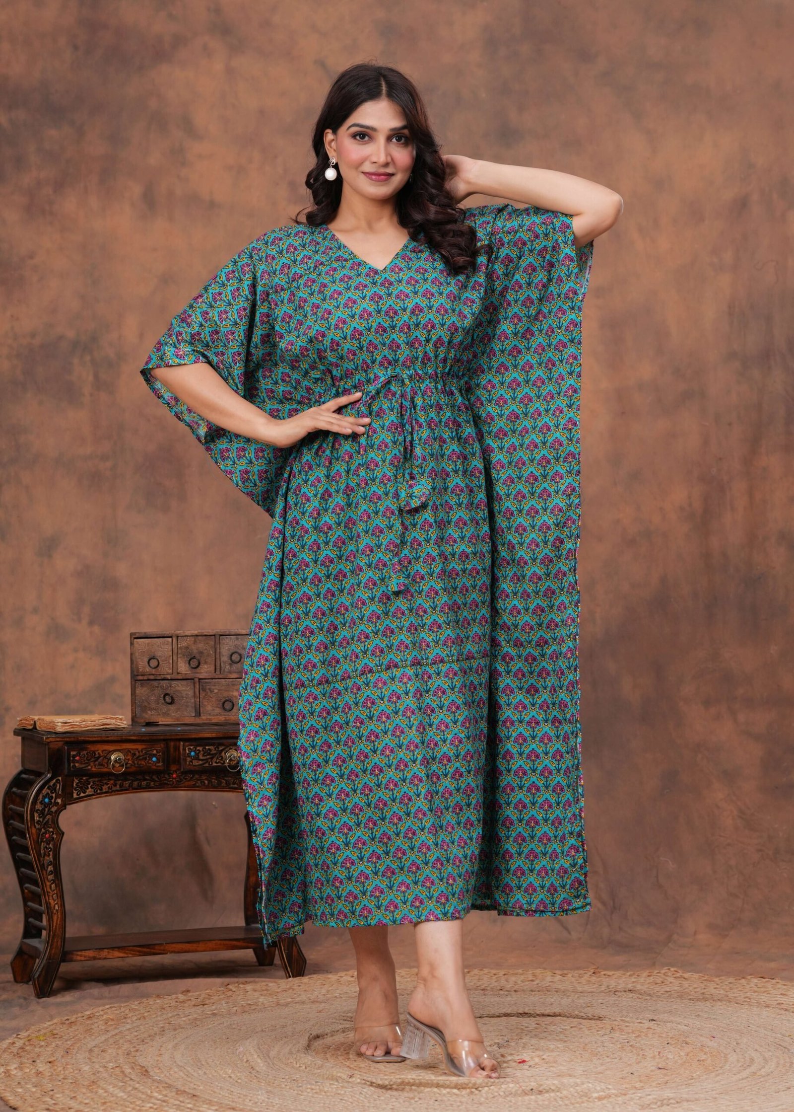 Women’s Green Cotton Printed Kaftan Dress with Drawstring Waist