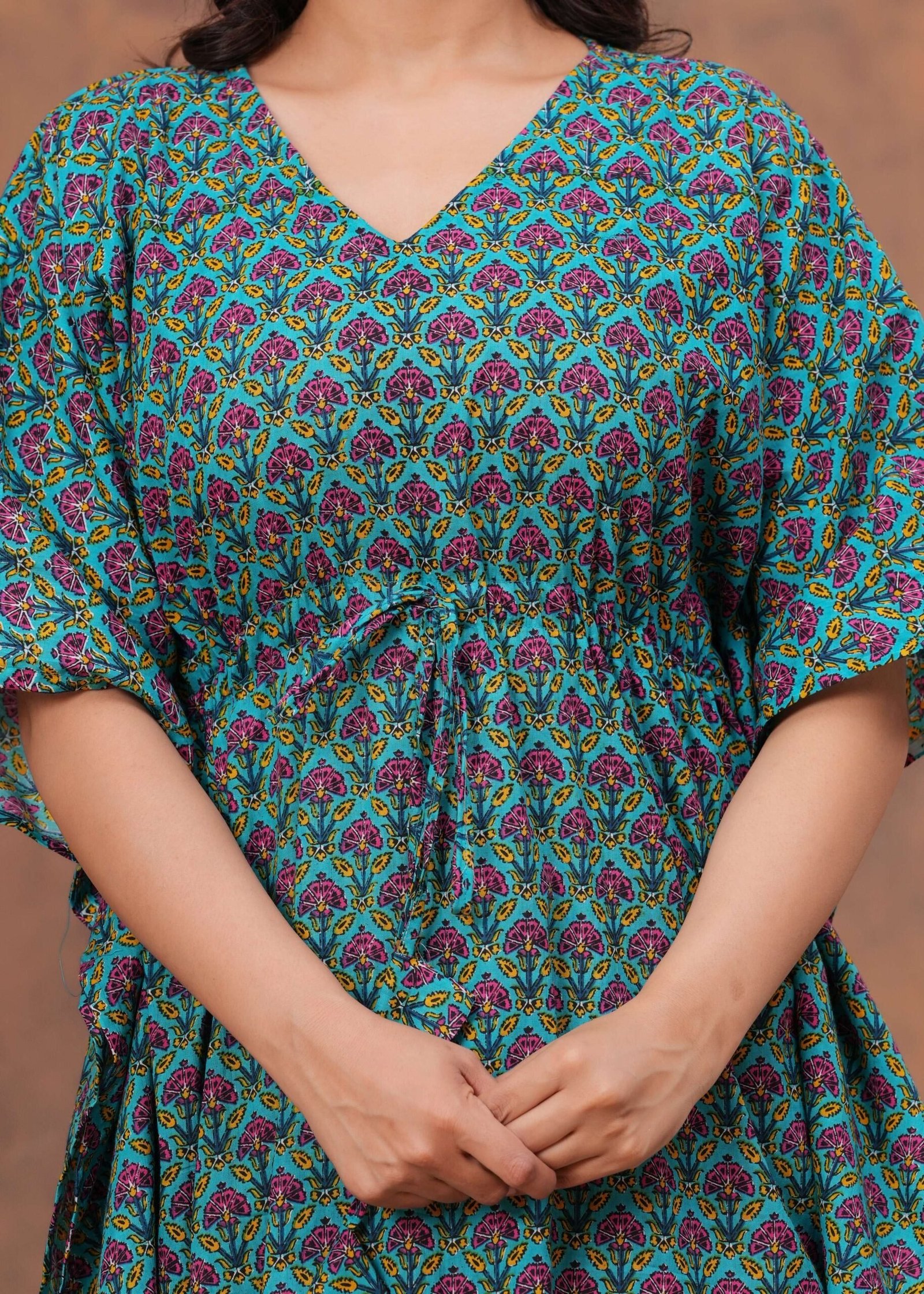 Women’s Green Cotton Printed Kaftan Dress with Drawstring Waist