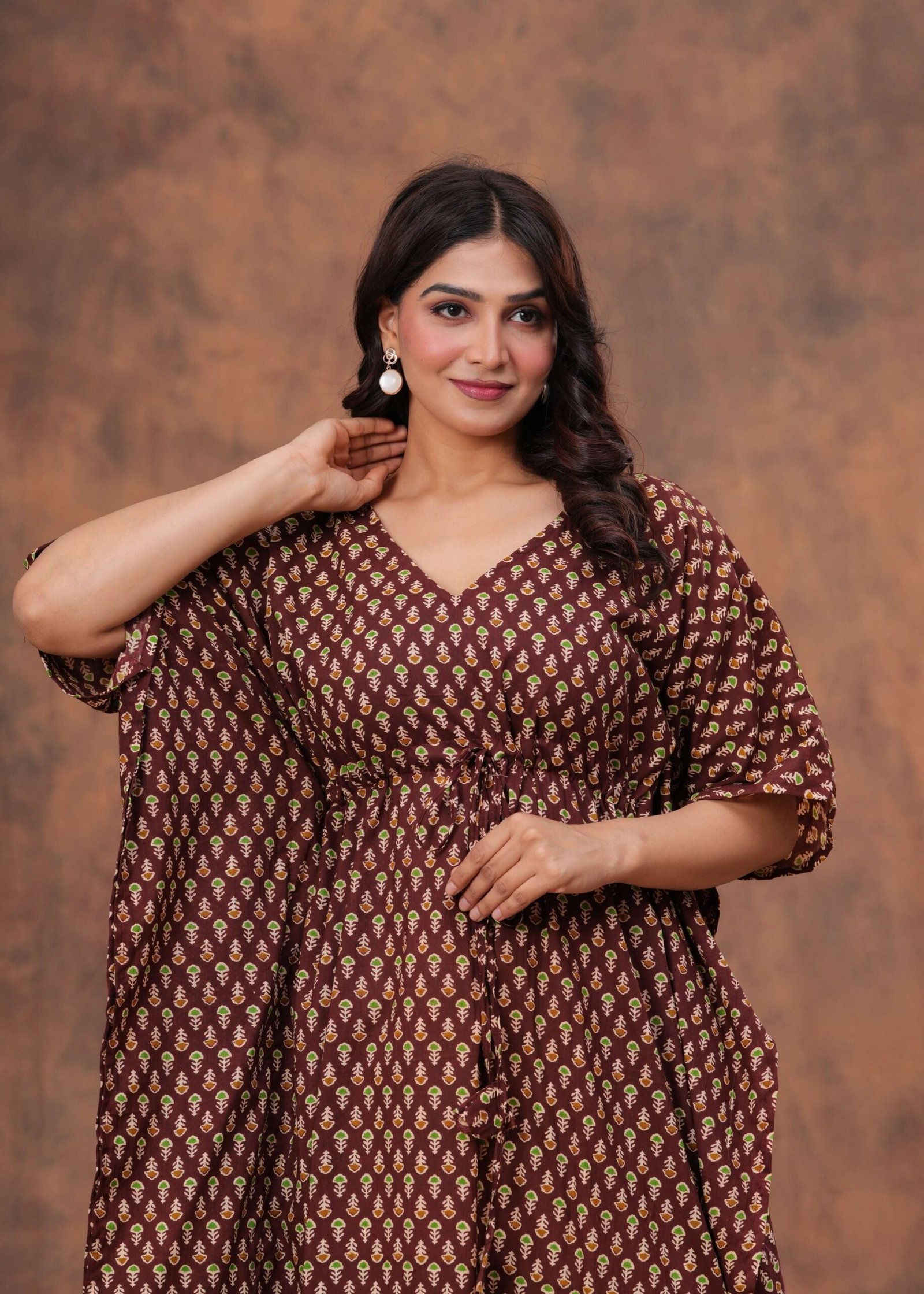 Women’s Maroon Cotton Printed Kaftan Dress with Drawstring Waist