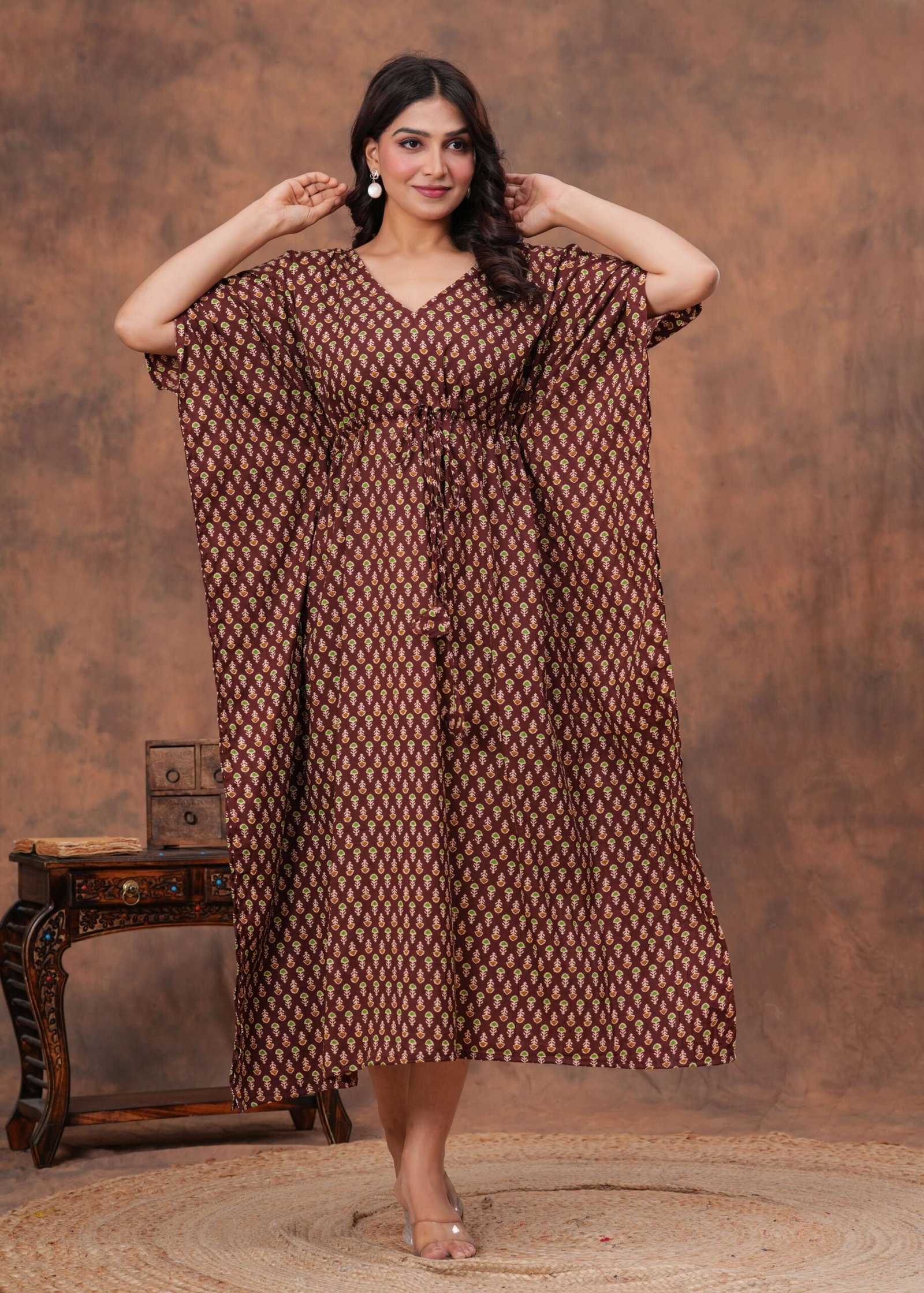 Women’s Maroon Cotton Printed Kaftan Dress with Drawstring Waist