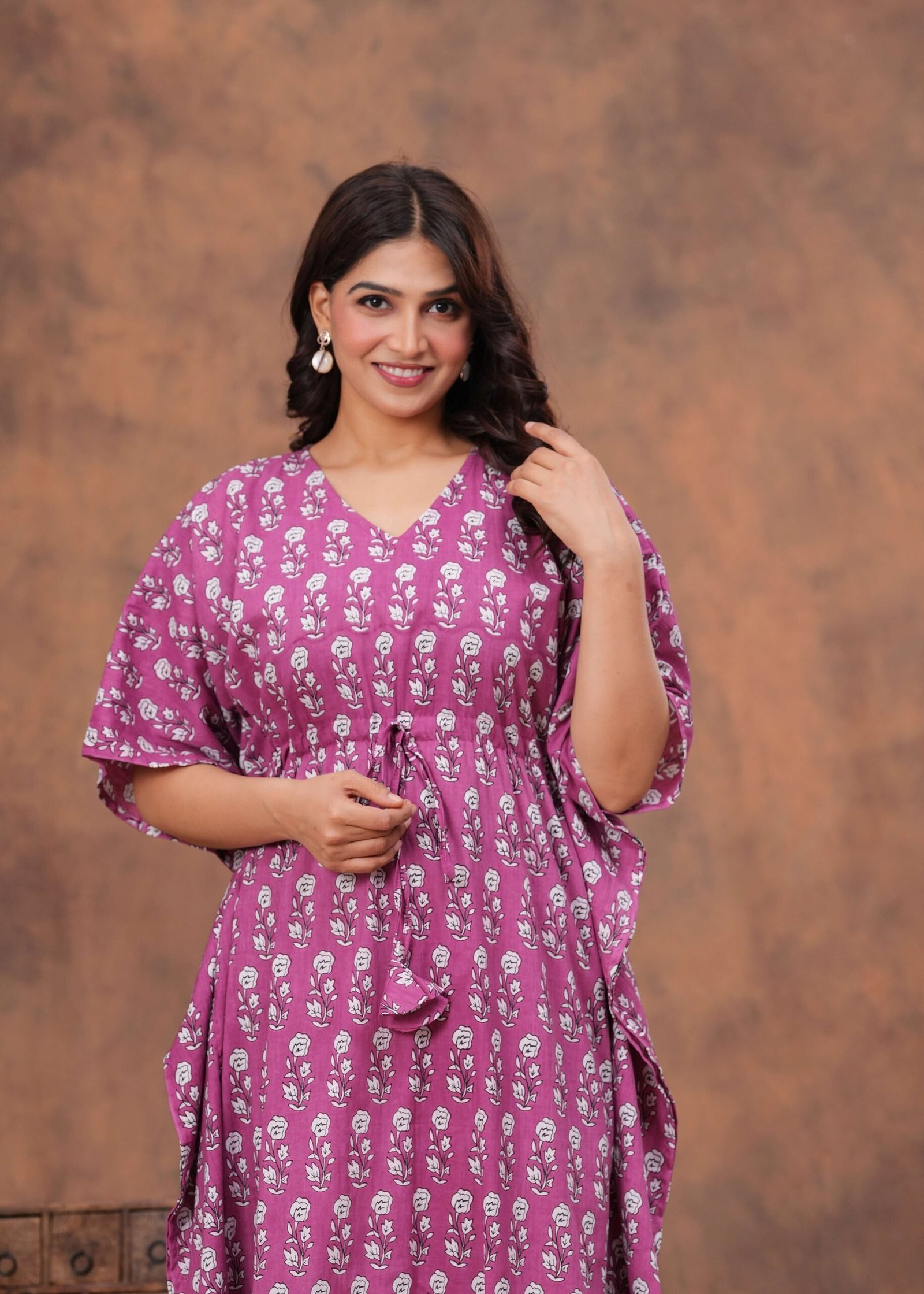Women’s Pink Cotton Floral Printed Kaftan Dress with Drawstring Waist