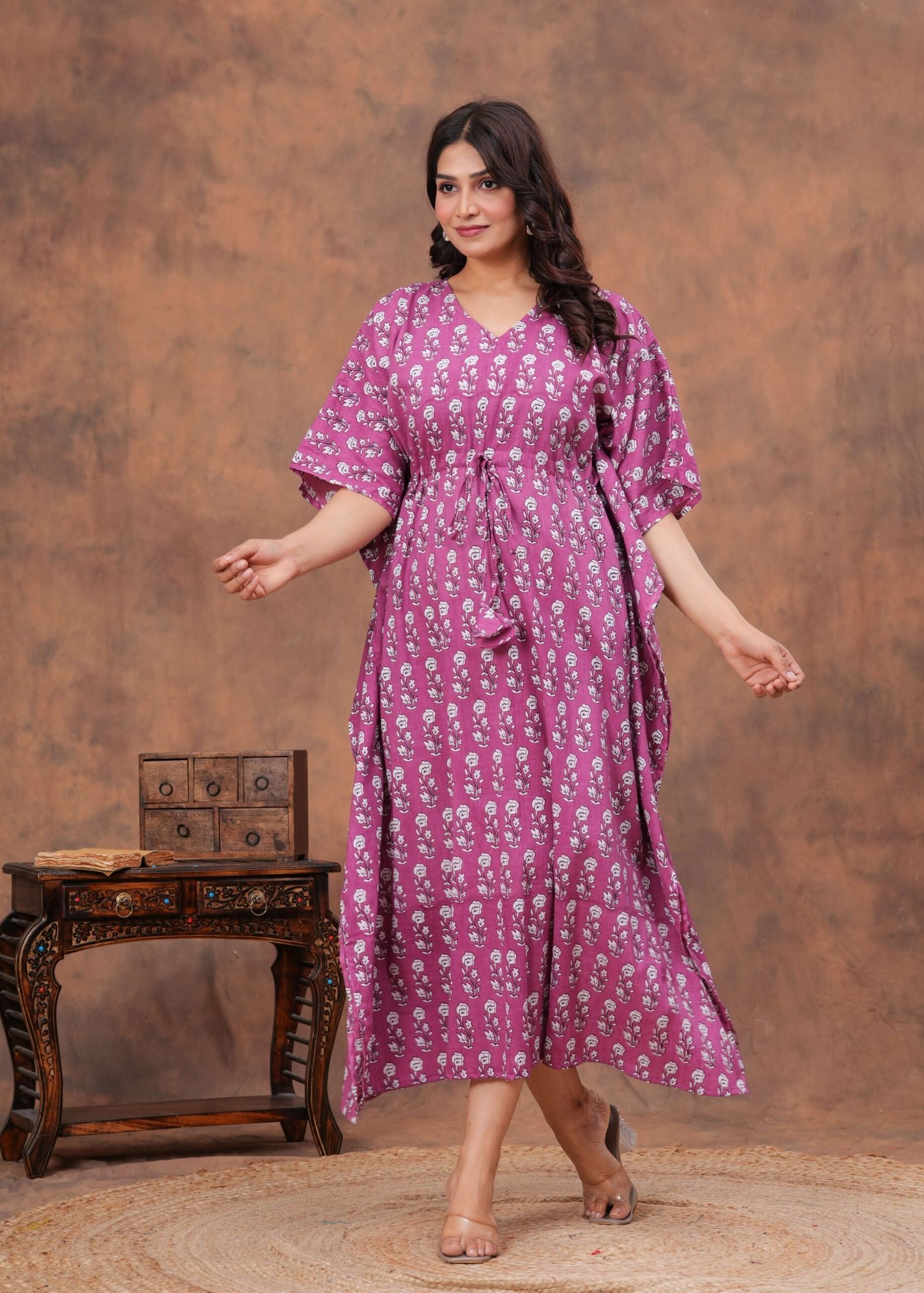 Women’s Pink Cotton Floral Printed Kaftan Dress with Drawstring Waist