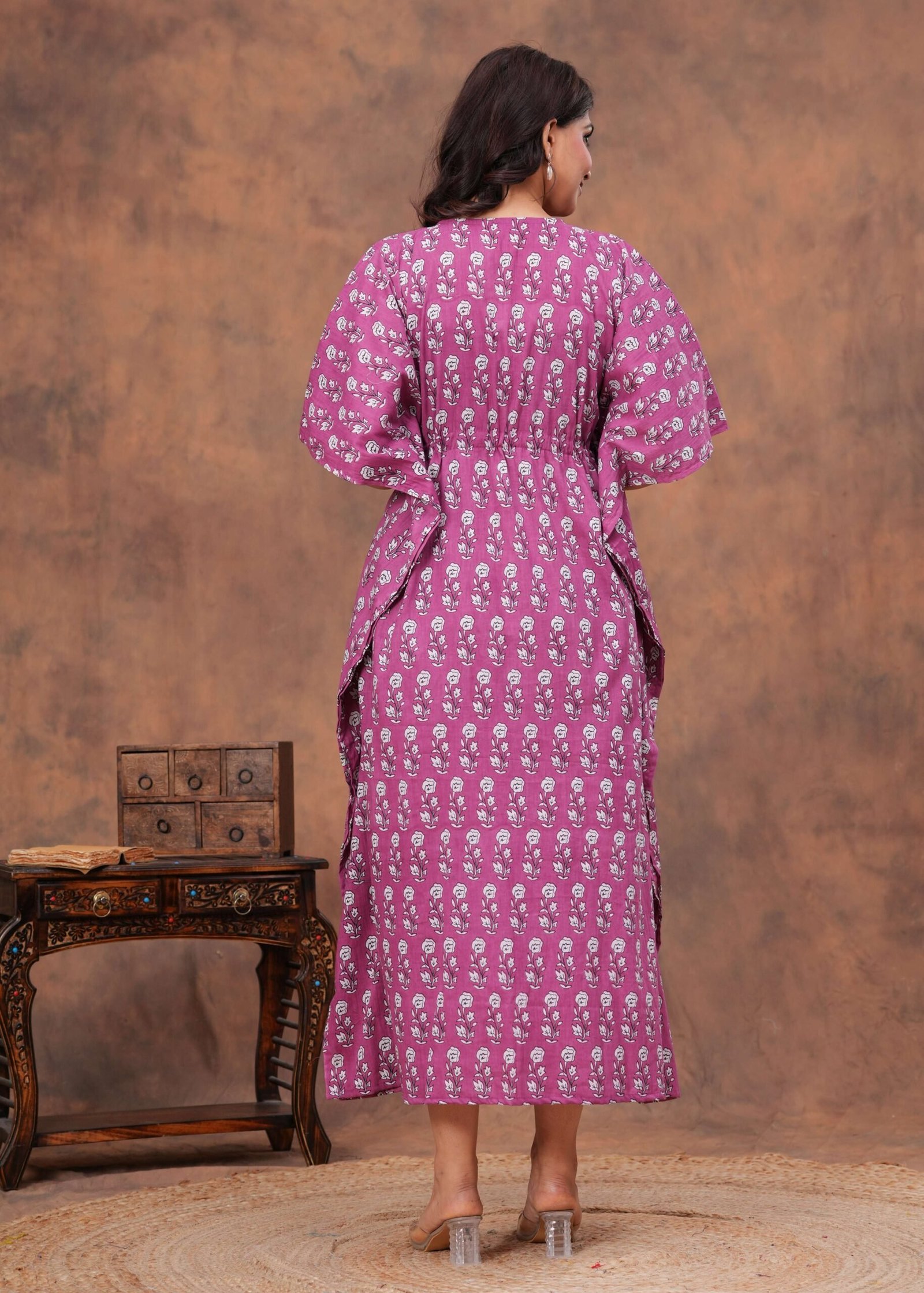 Women’s Pink Cotton Floral Printed Kaftan Dress with Drawstring Waist