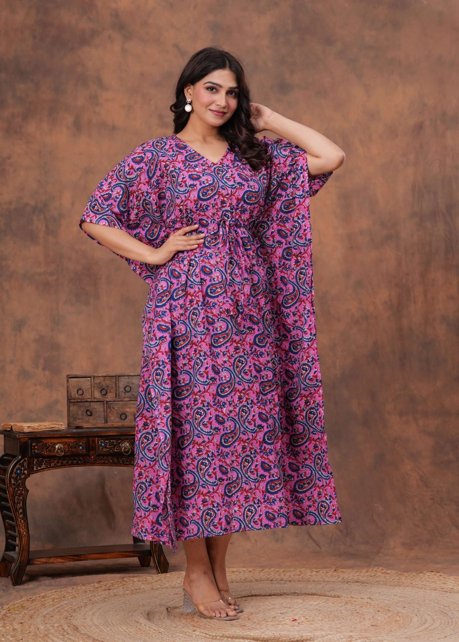 Women’s Purple Blue Cotton Floral Printed Kaftan Dress with Drawstring Waist
