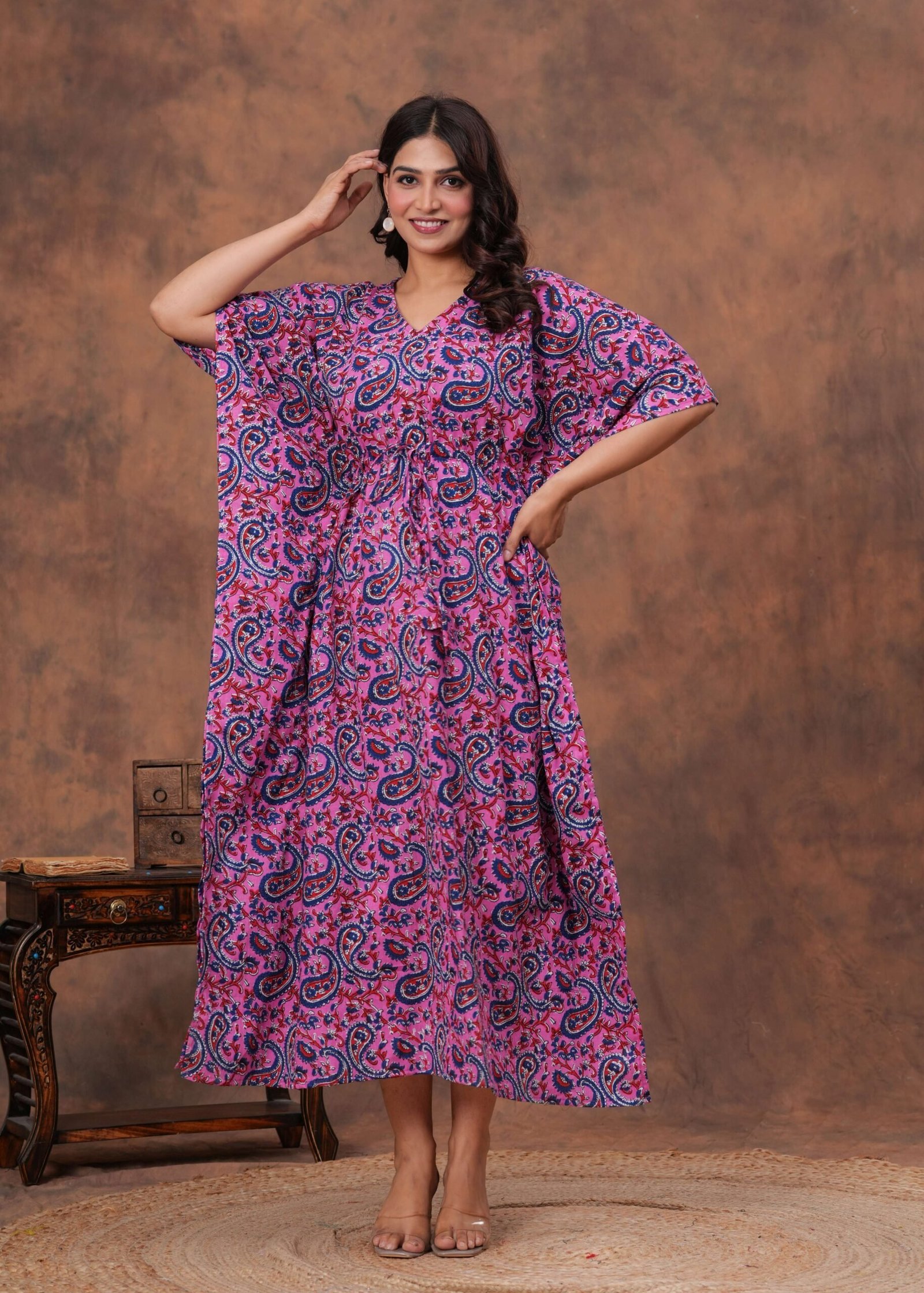 Women’s Purple Blue Cotton Floral Printed Kaftan Dress with Drawstring Waist