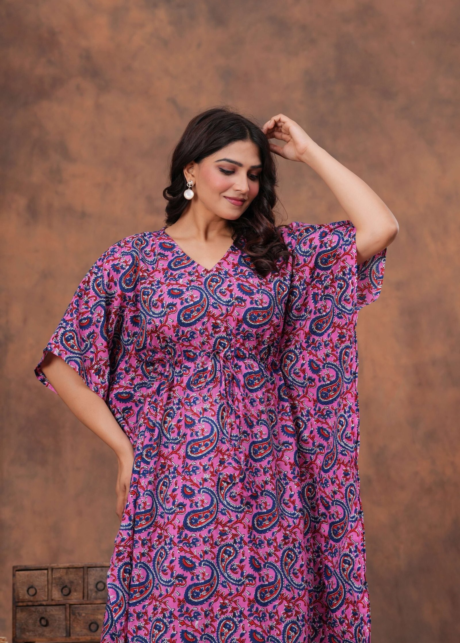 Women’s Purple Blue Cotton Floral Printed Kaftan Dress with Drawstring Waist