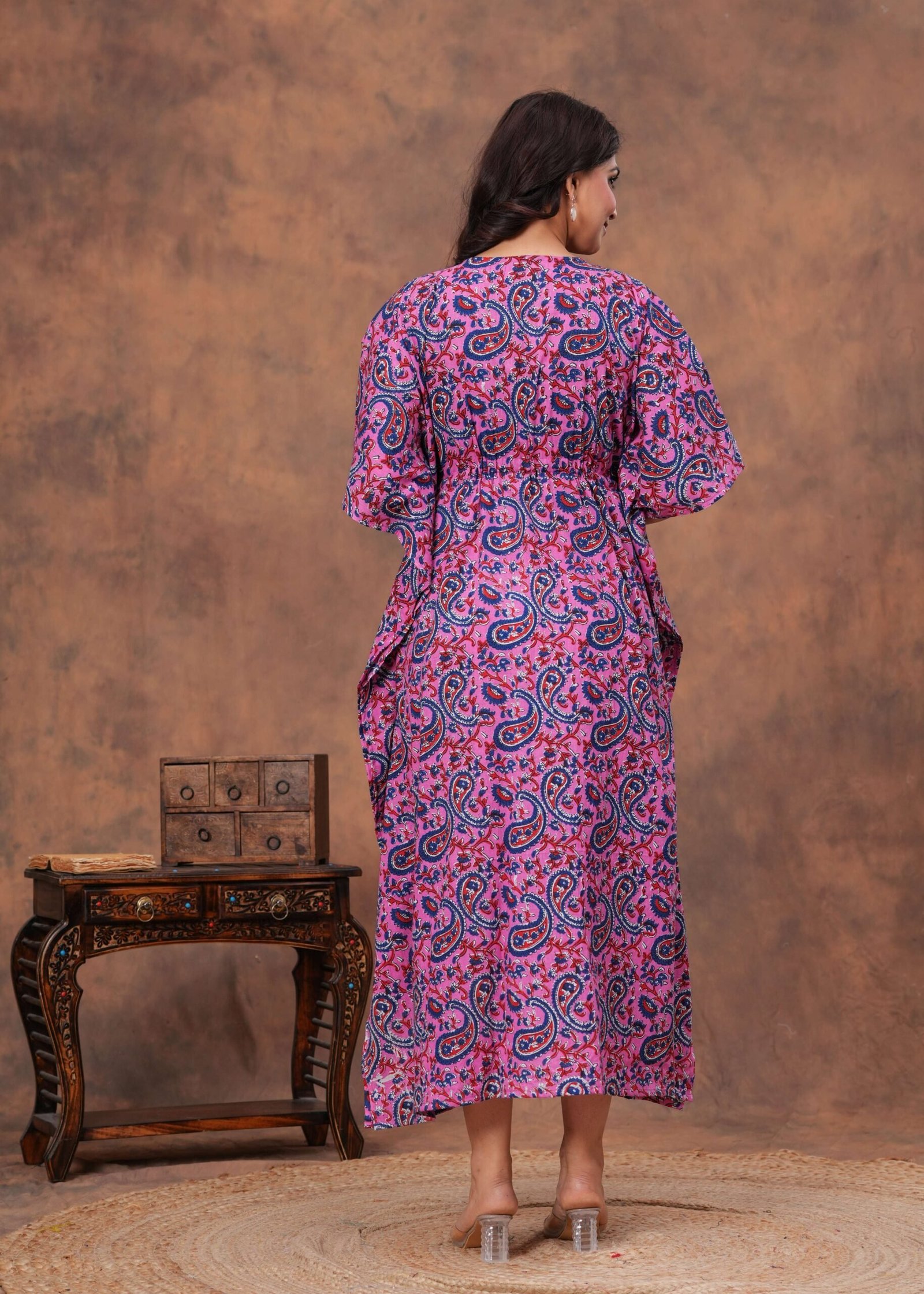 Women’s Purple Blue Cotton Floral Printed Kaftan Dress with Drawstring Waist