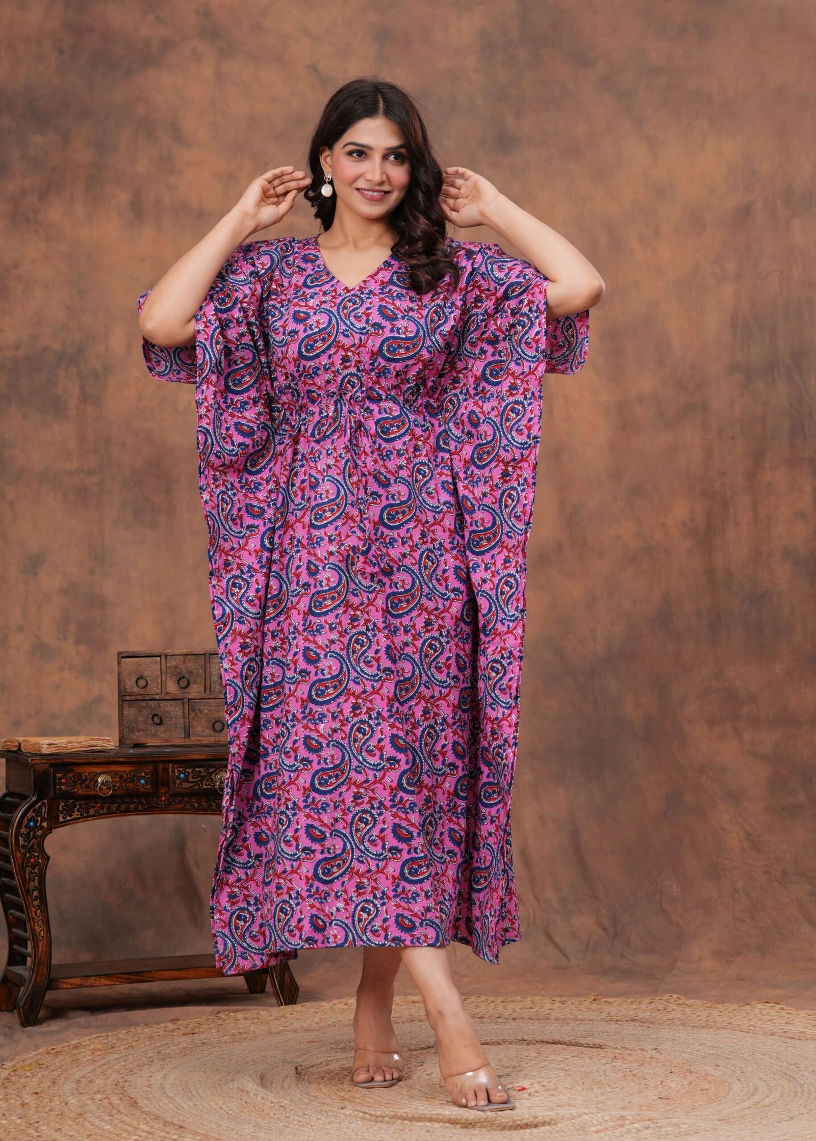Women’s Purple Blue Cotton Floral Printed Kaftan Dress with Drawstring Waist