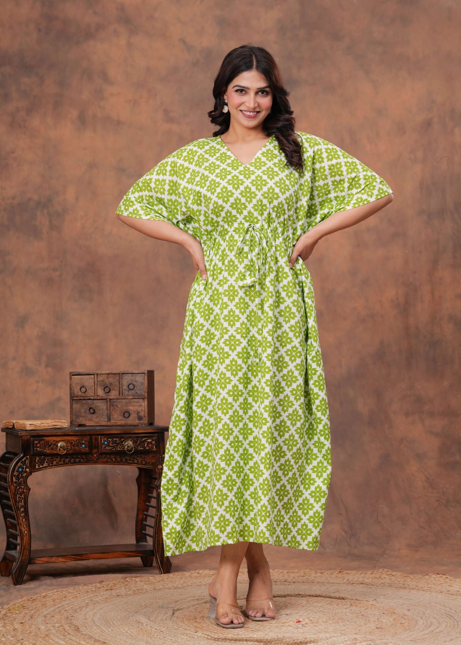 Women’s White & Green Cotton Printed Kaftan Dress with Drawstring Waist