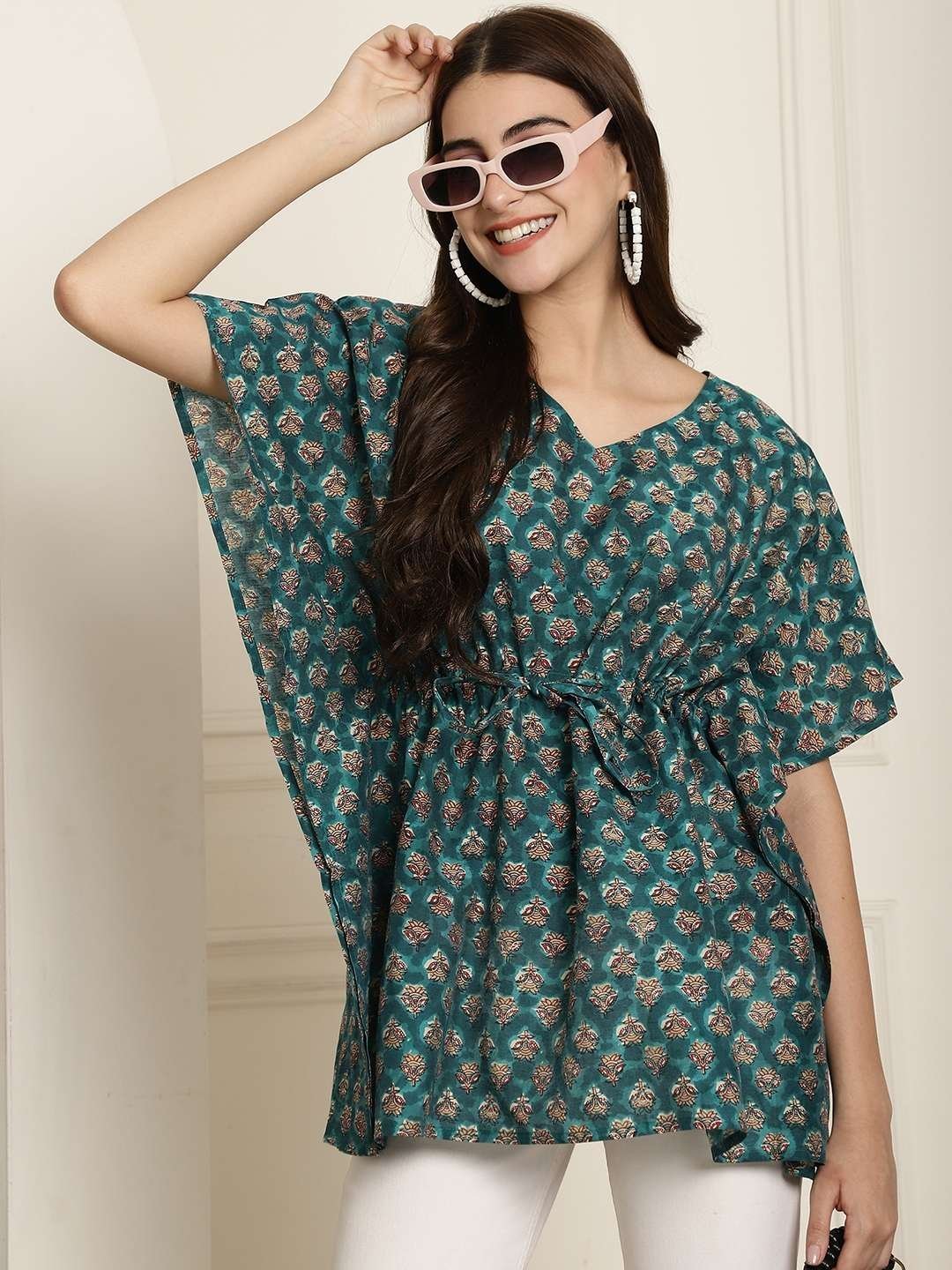 Women’s Chanderi Printed Kaftan Top With Bell Sleeve Dress (Green)