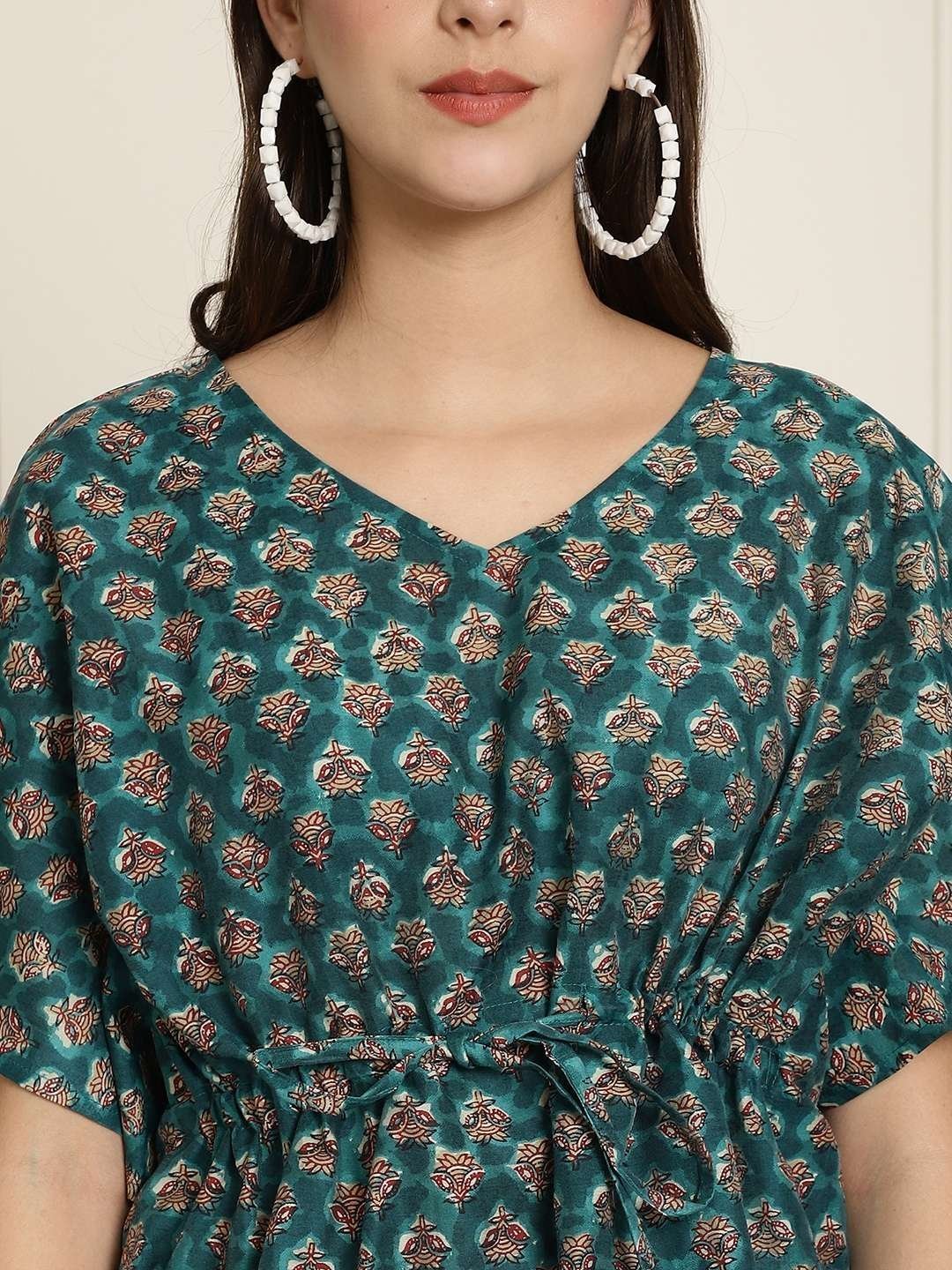 Women’s Chanderi Printed Kaftan Top With Bell Sleeve Dress (Green)