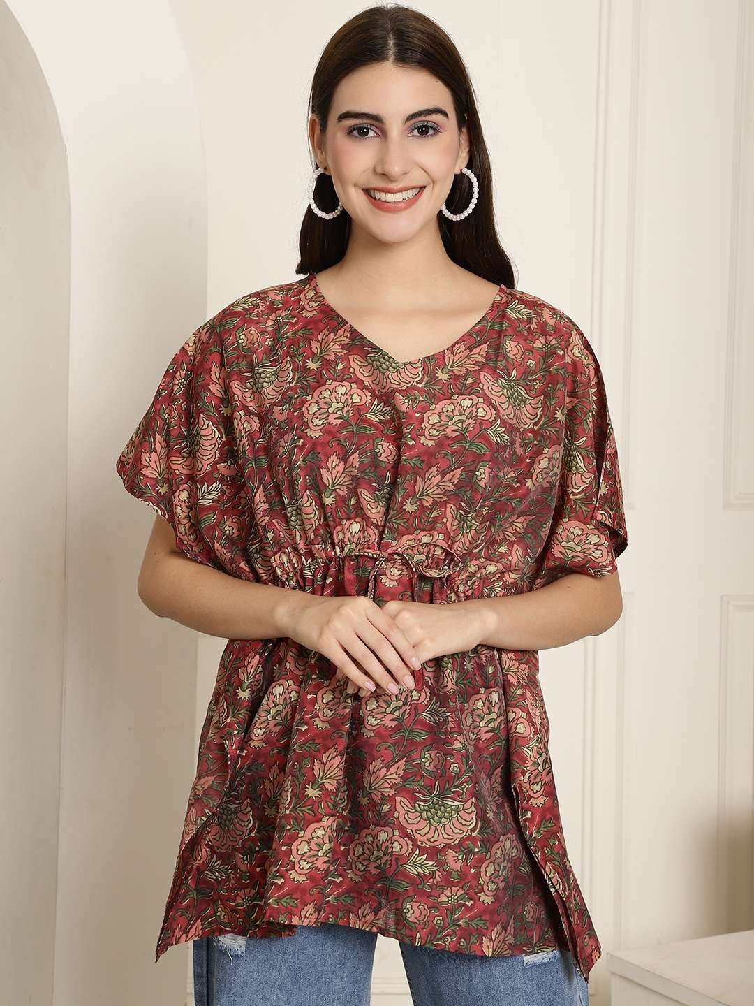 Women’s Chanderi Printed Kaftan Top With Bell Sleeve Dress (Multti Color1)