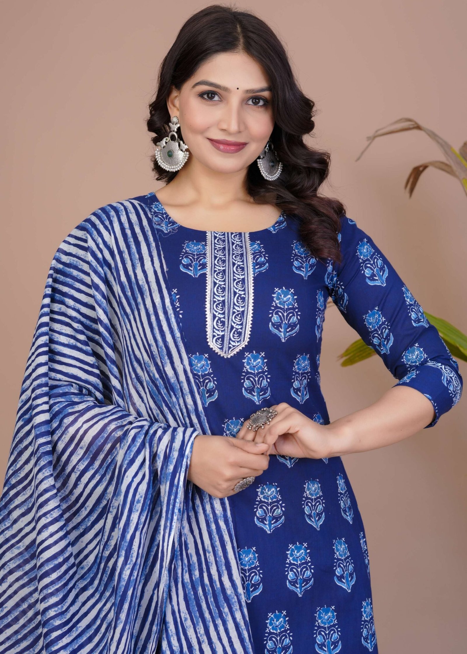 Women’s Blue Cotton Printed Straight Kurti with Pant & Dupatta Set