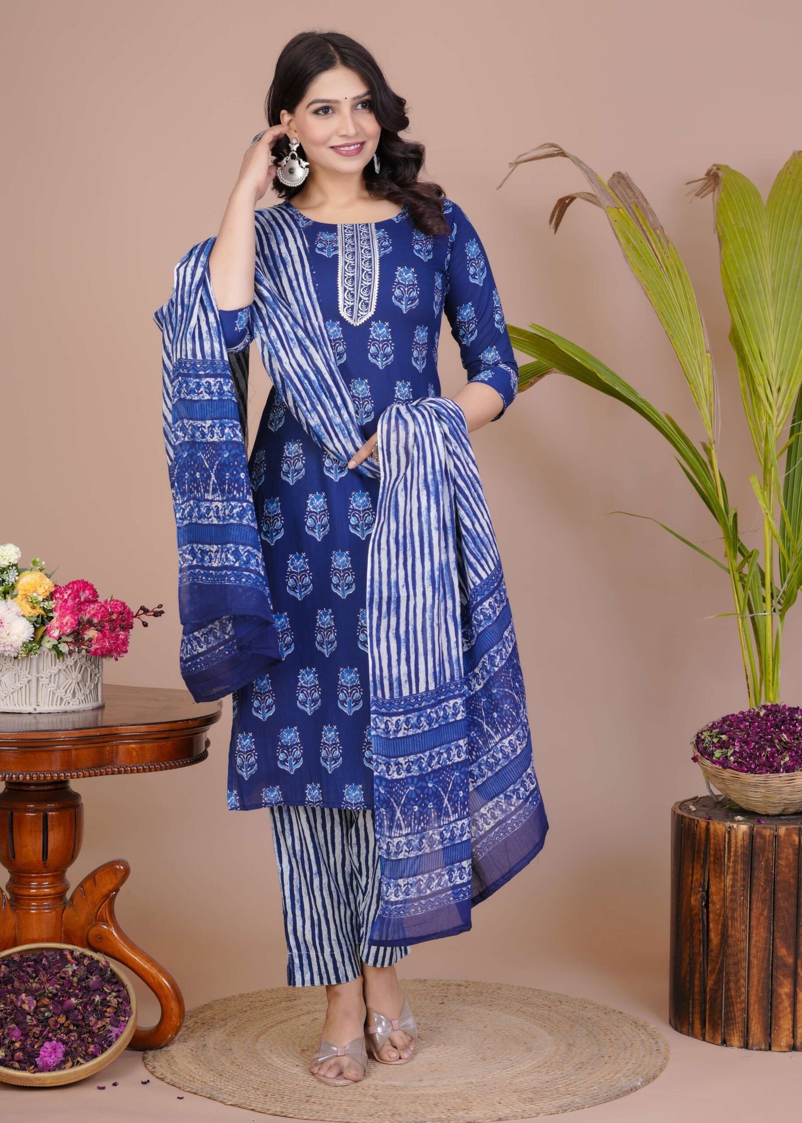 Women’s Blue Cotton Printed Straight Kurti with Pant & Dupatta Set