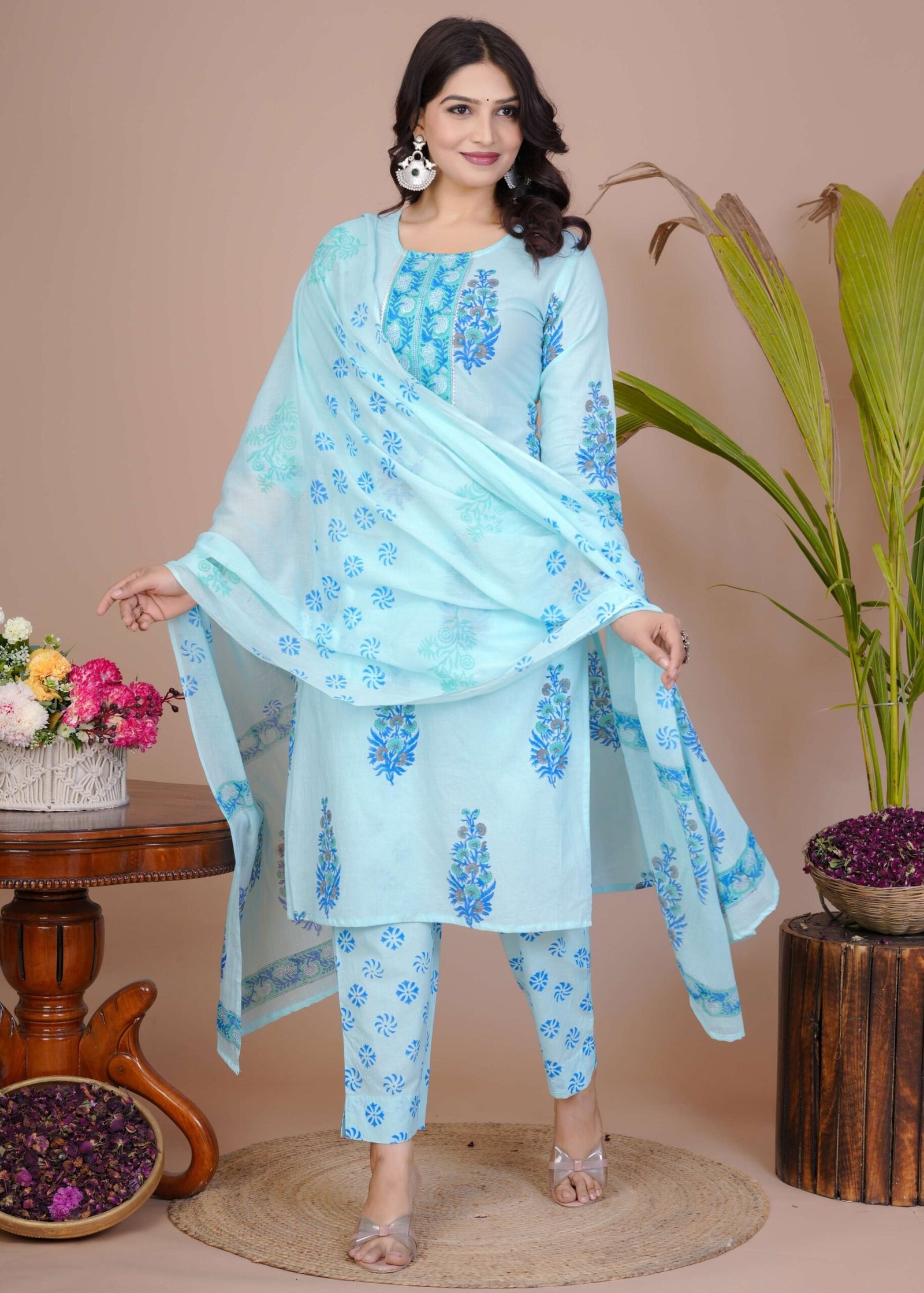 Women’s Light Blue Cotton Printed Straight Kurti with Pant & Dupatta Set