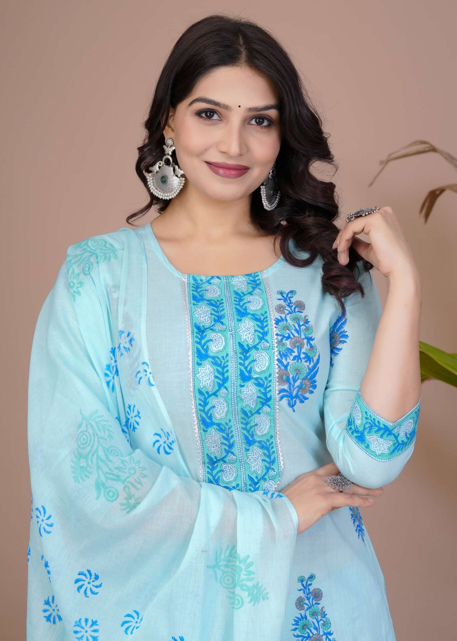 Women’s Light Blue Cotton Printed Straight Kurti with Pant & Dupatta Set