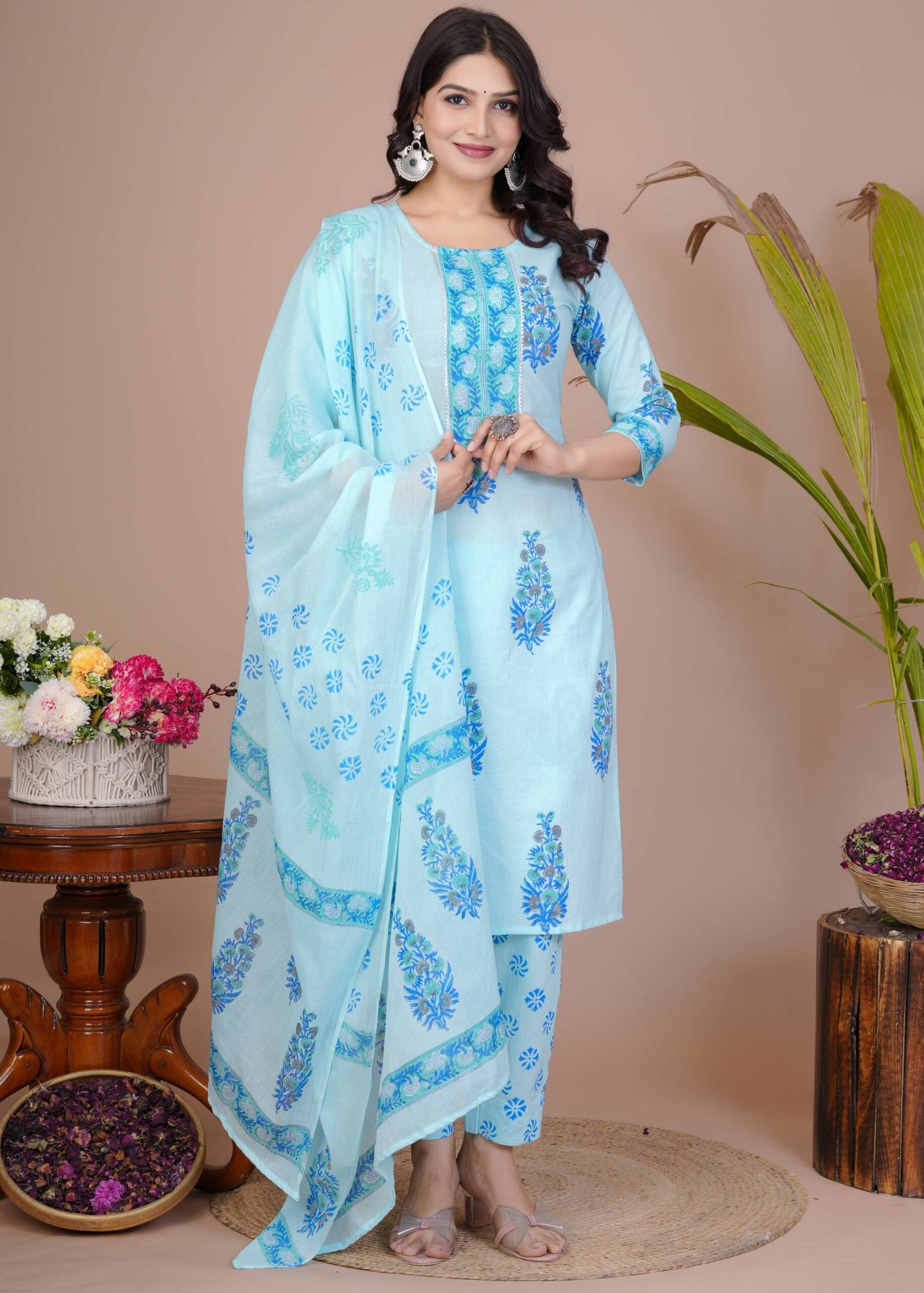 Women’s Light Blue Cotton Printed Straight Kurti with Pant & Dupatta Set