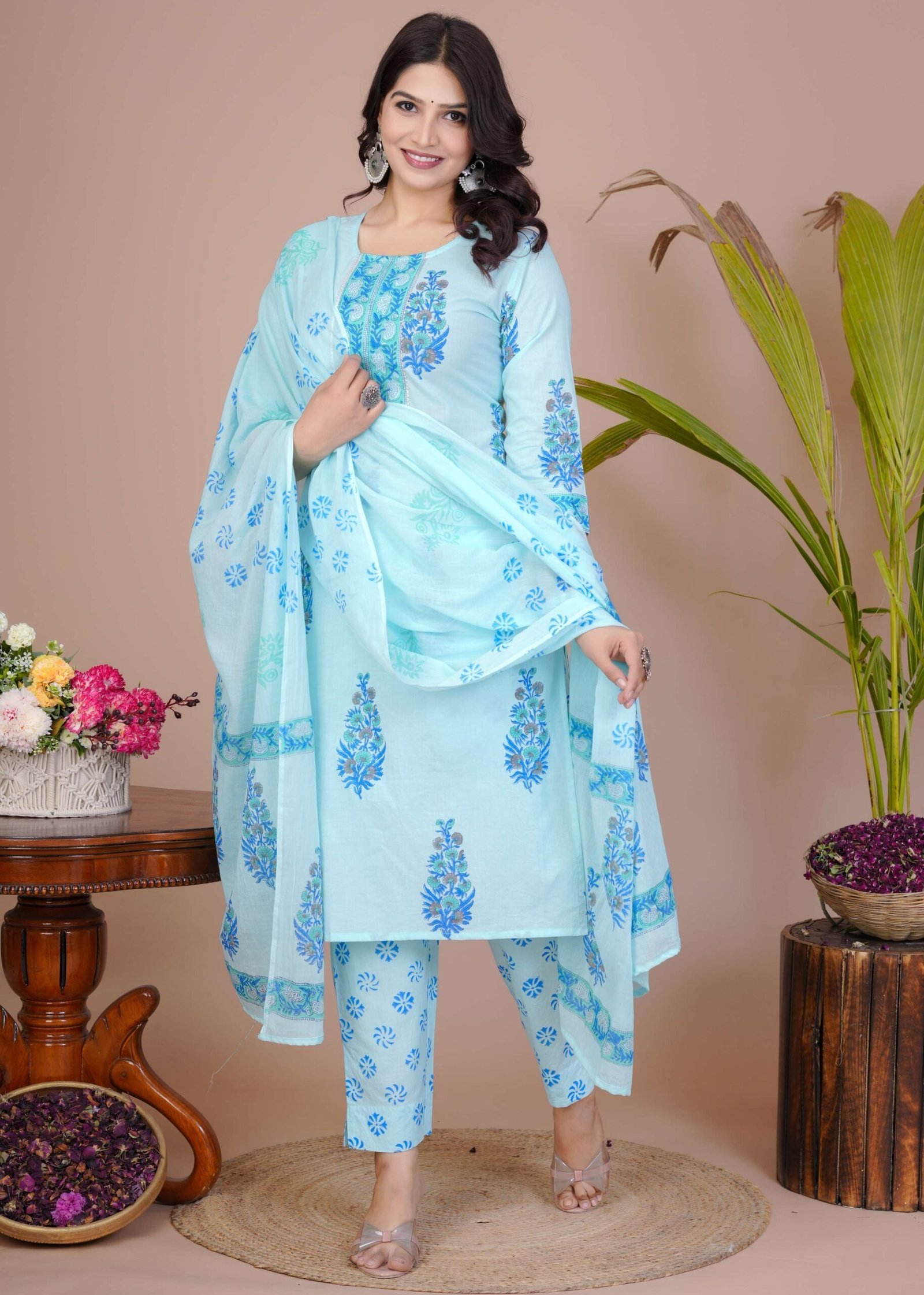 Women’s Light Blue Cotton Printed Straight Kurti with Pant & Dupatta Set