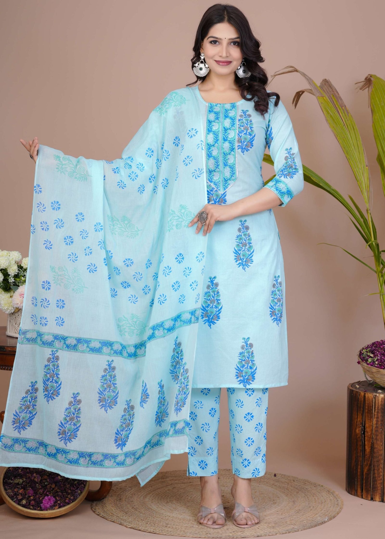 Women’s Light Blue Cotton Printed Straight Kurti with Pant & Dupatta Set