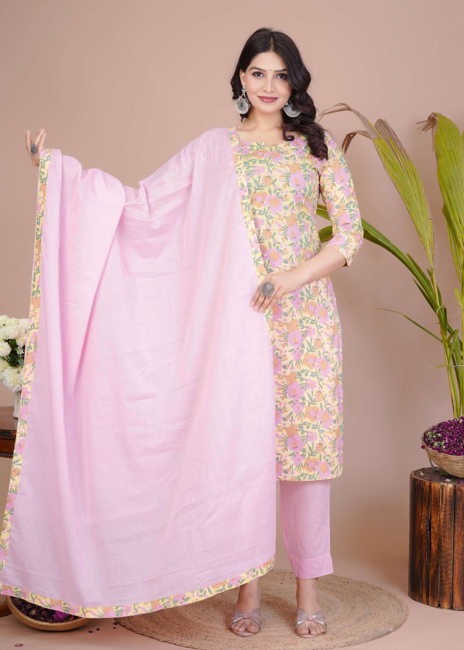 Women’s Pink Cotton Printed Straight Kurti with Pant & Dupatta Set