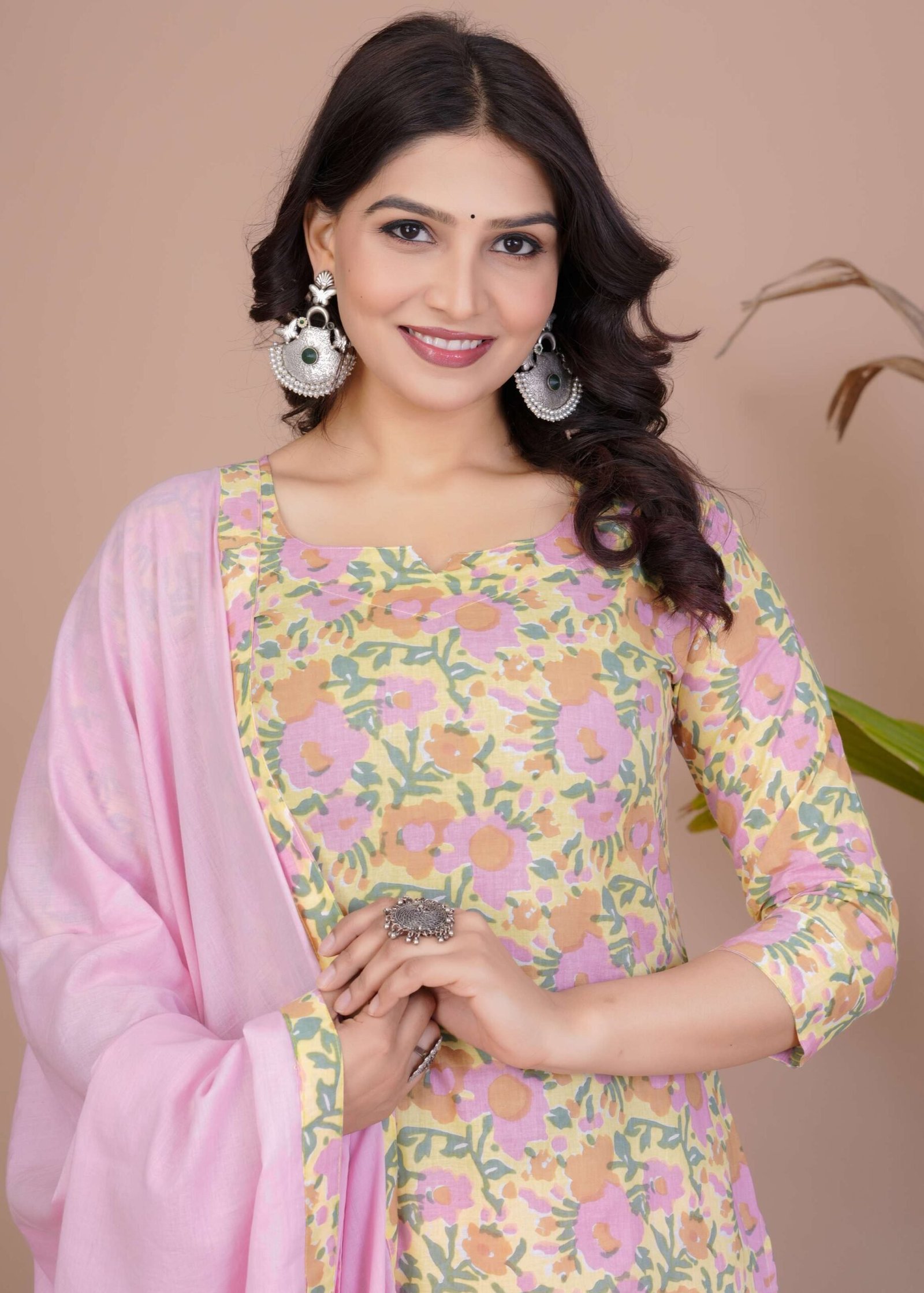 Women’s Pink Cotton Printed Straight Kurti with Pant & Dupatta Set