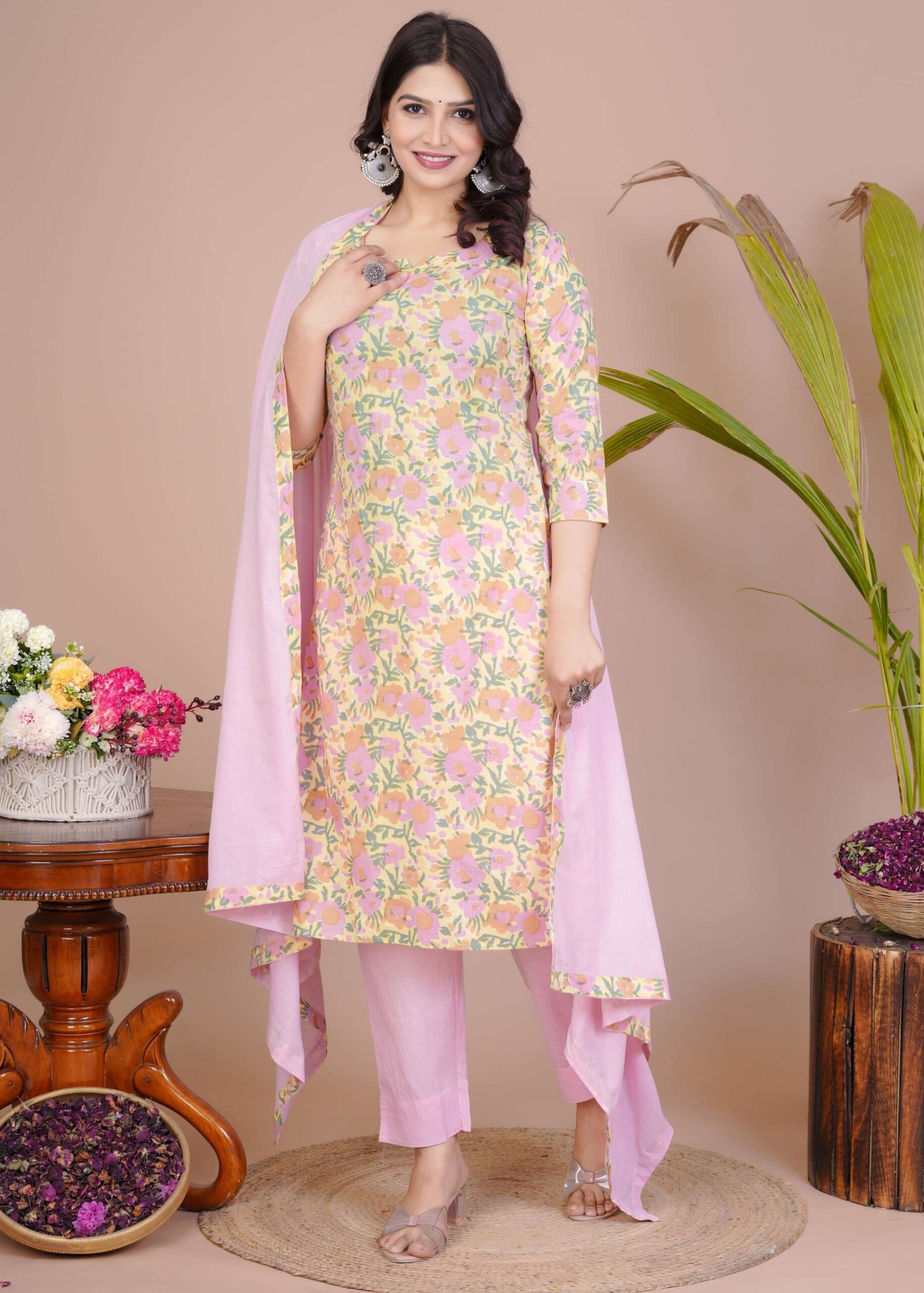 Women’s Pink Cotton Printed Straight Kurti with Pant & Dupatta Set