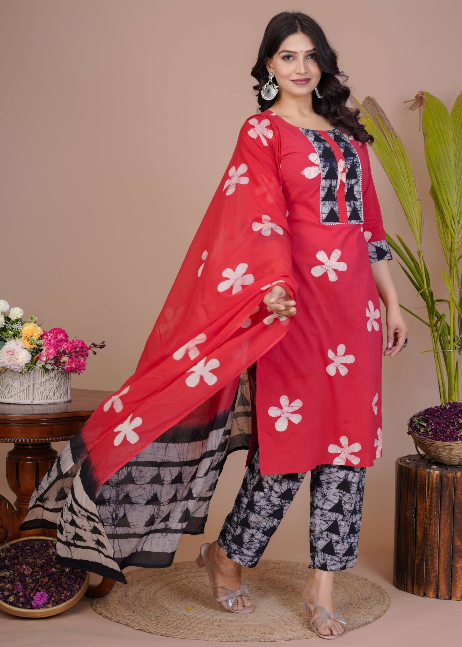 Women’s Red Cotton Printed Straight Kurti with Pant & Dupatta Set