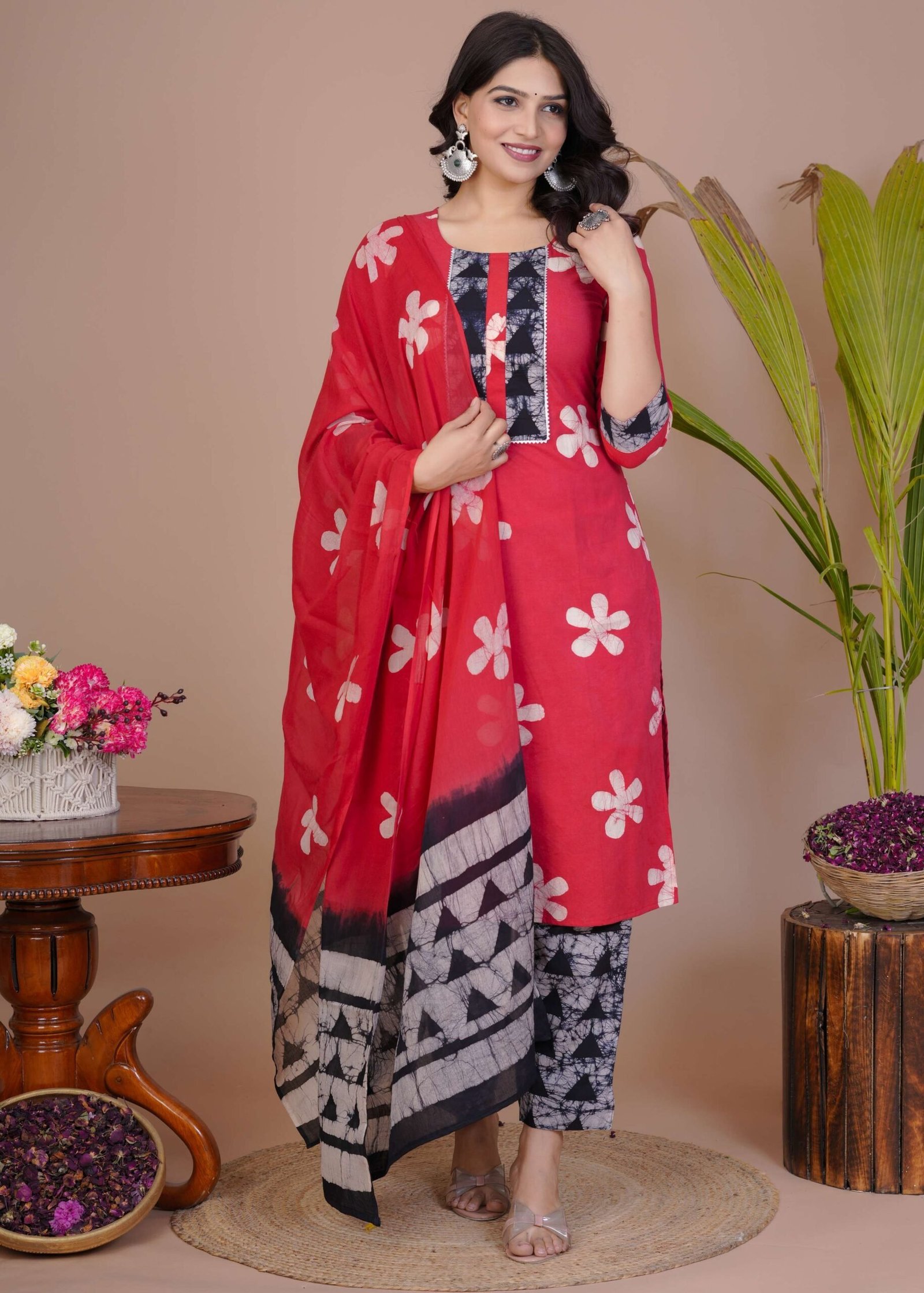 Women’s Red Cotton Printed Straight Kurti with Pant & Dupatta Set
