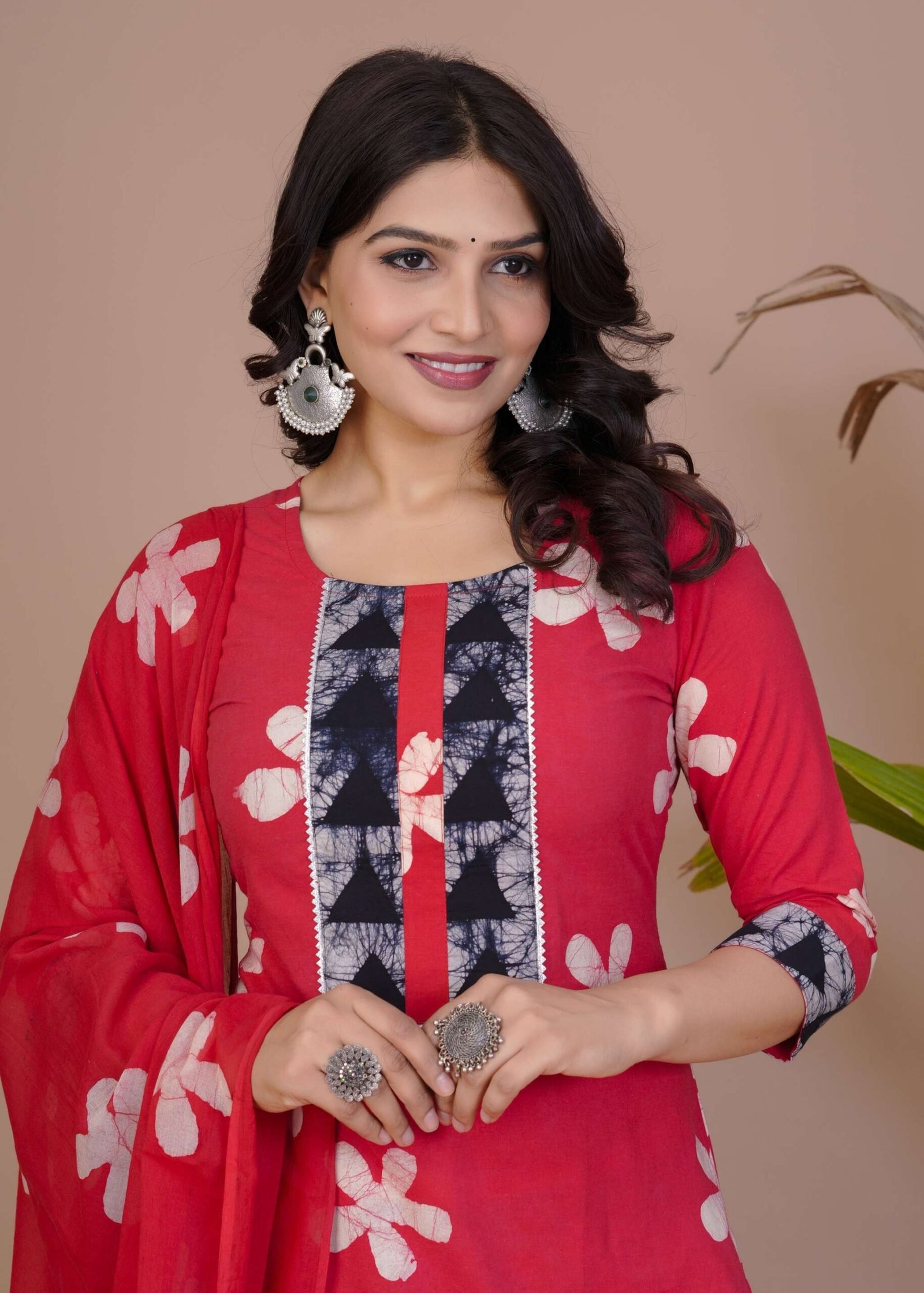 Women’s Red Cotton Printed Straight Kurti with Pant & Dupatta Set