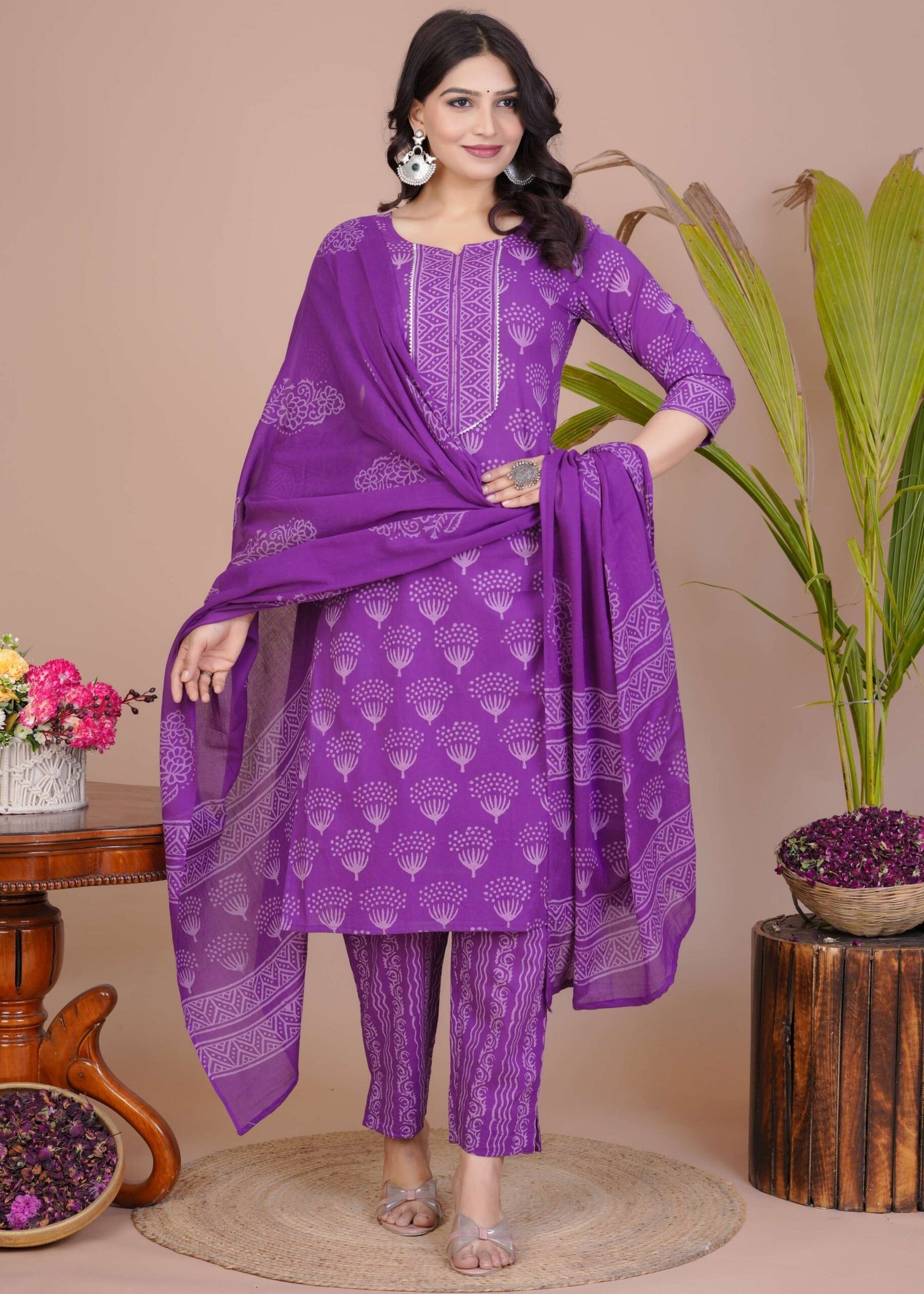 Women’s Violet Cotton Printed Straight Kurti with Pant & Dupatta Set