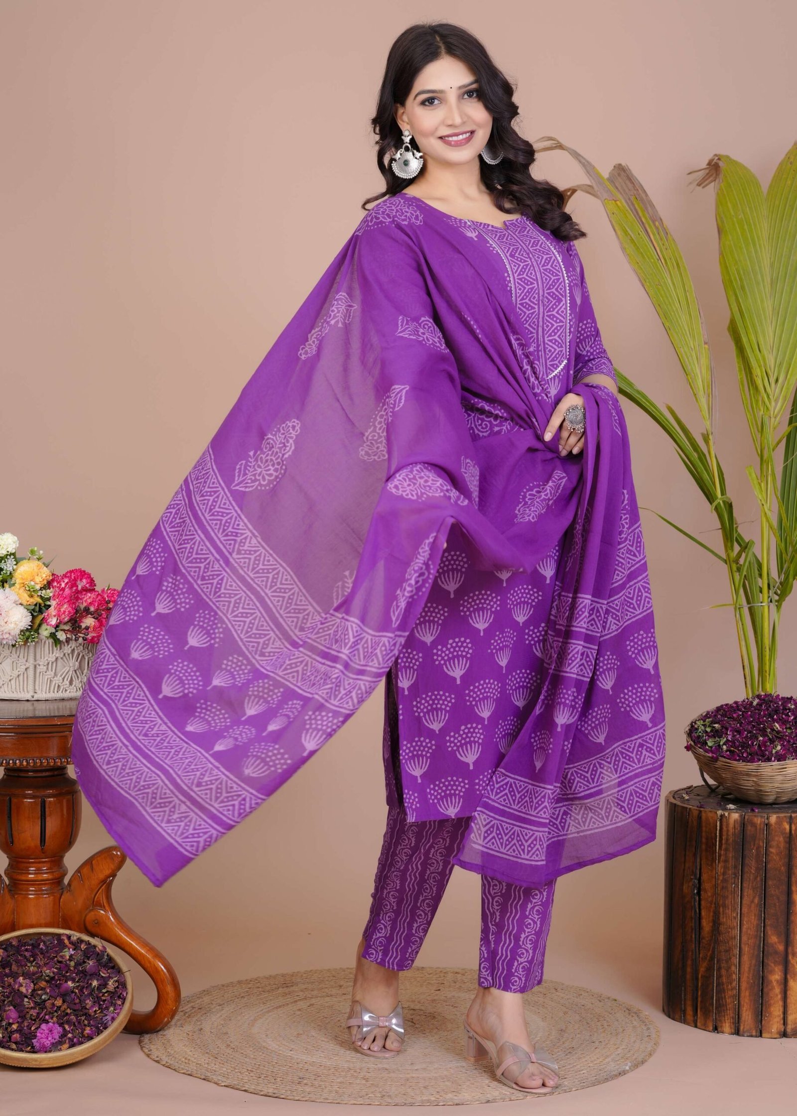 Women’s Violet Cotton Printed Straight Kurti with Pant & Dupatta Set