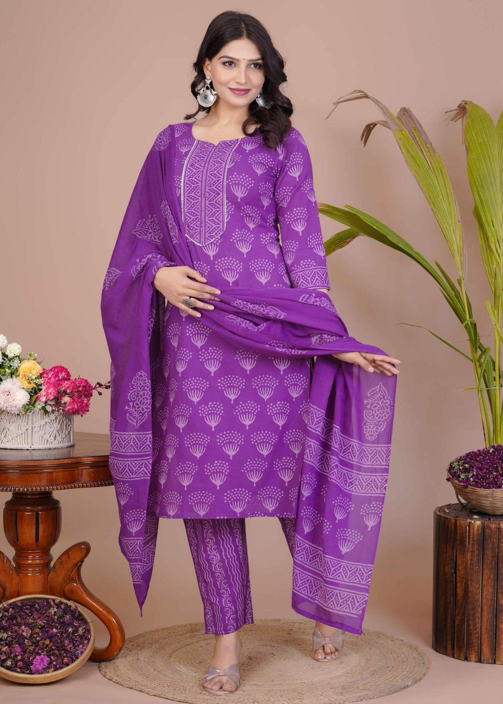 Women’s Violet Cotton Printed Straight Kurti with Pant & Dupatta Set