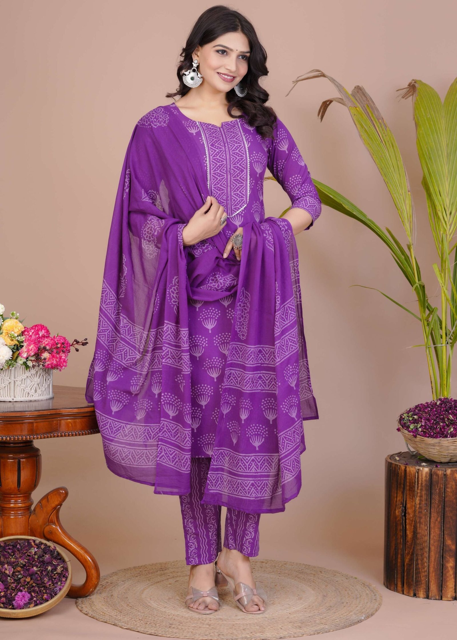 Women’s Violet Cotton Printed Straight Kurti with Pant & Dupatta Set