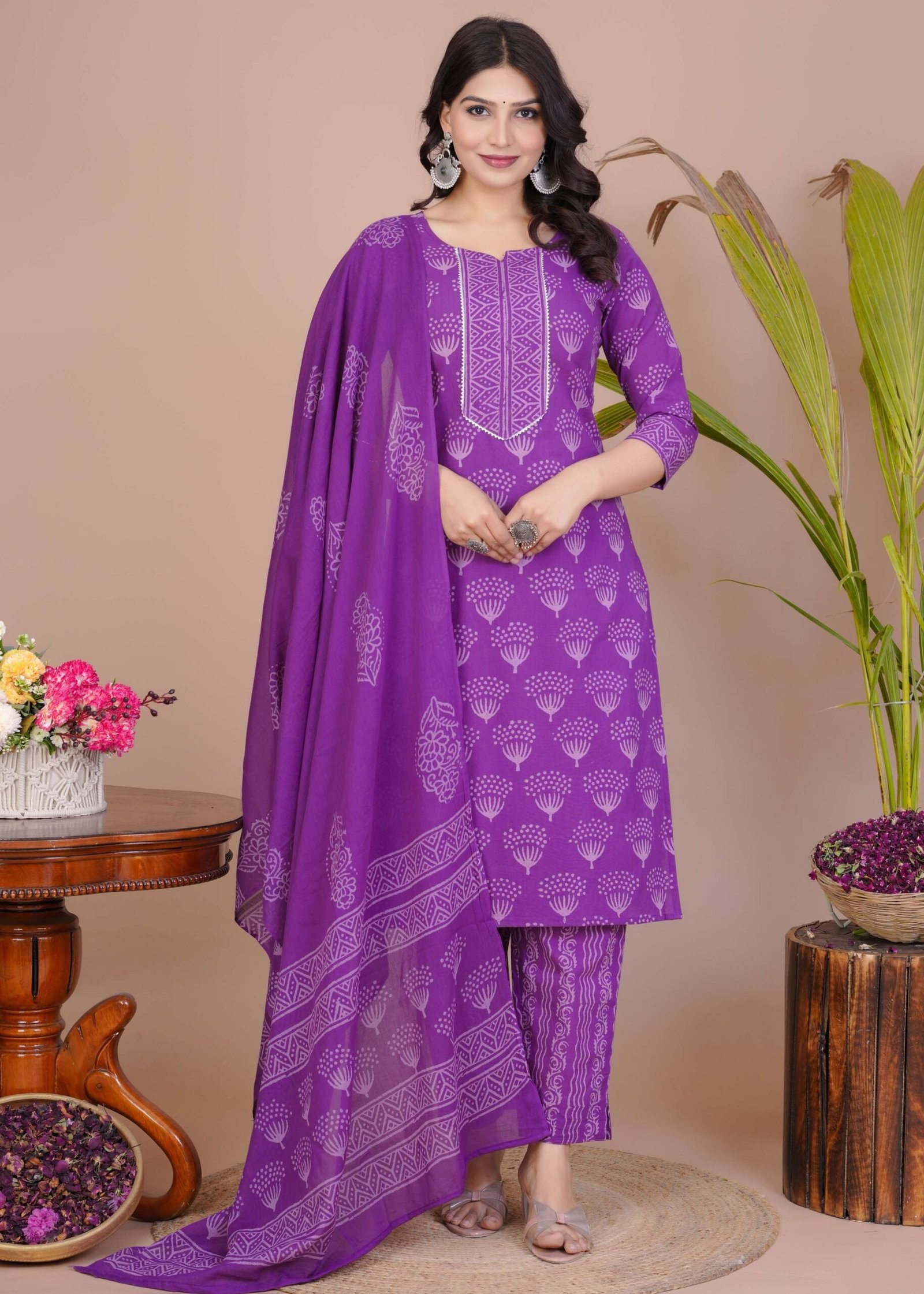 Women’s Violet Cotton Printed Straight Kurti with Pant & Dupatta Set