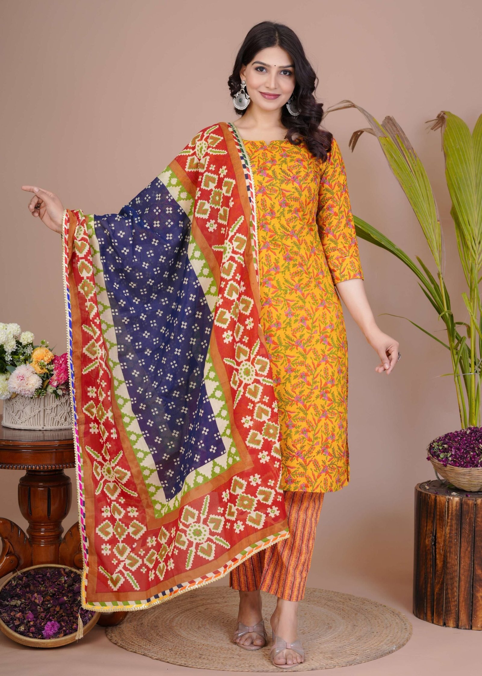 Women’s Yellow Cotton Printed Straight Kurti with Pant & Dupatta Set