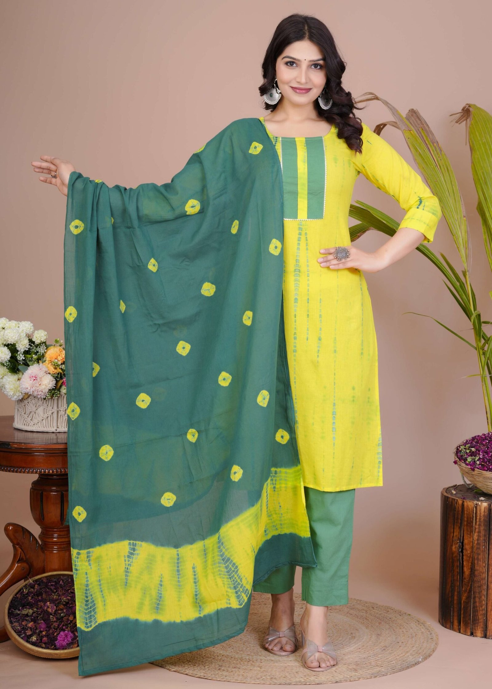 Women’s Yellow & Green Cotton Tie-Dye Straight Kurti with Pant & Dupatta Set