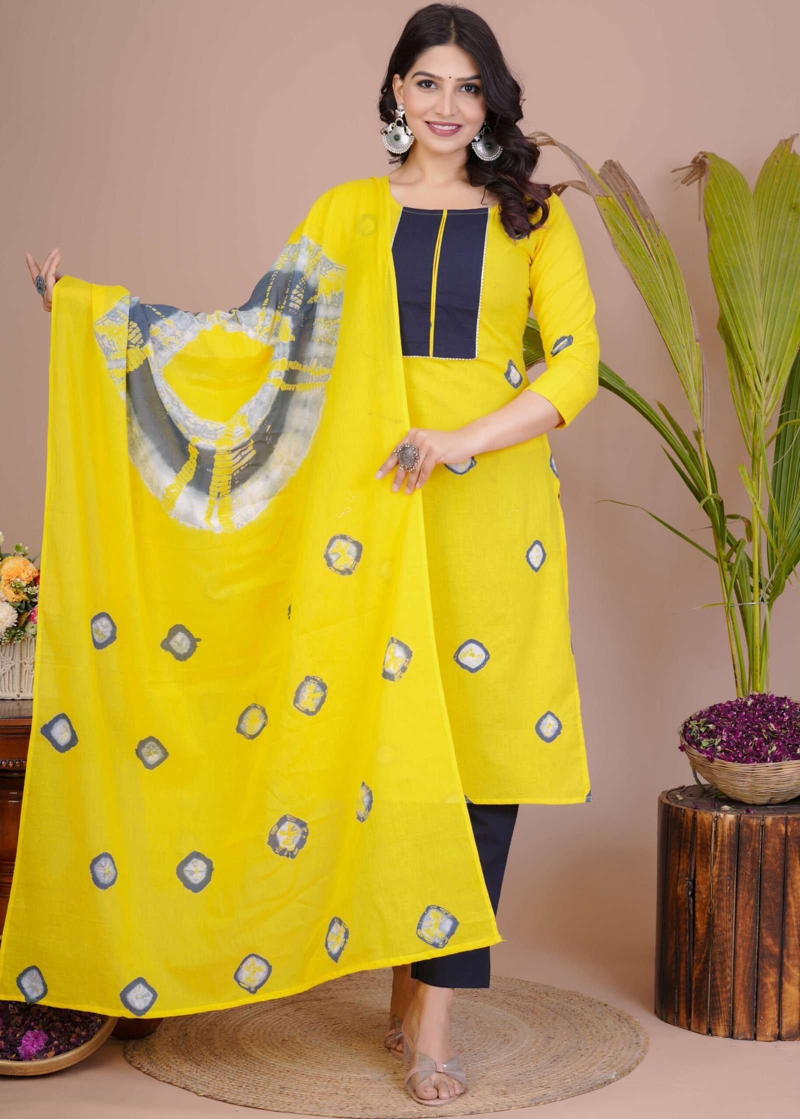 Women’s Yellow & Navy Cotton Tie-Dye Straight Kurti with Pant & Dupatta Set