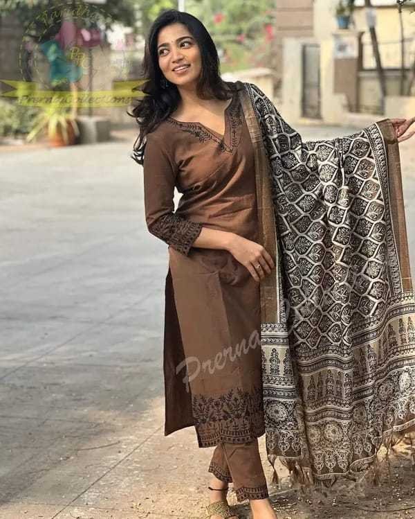 Women Pure Cotton Embroidery Straight Kurti with Pant & Dupatta Set (Brown)