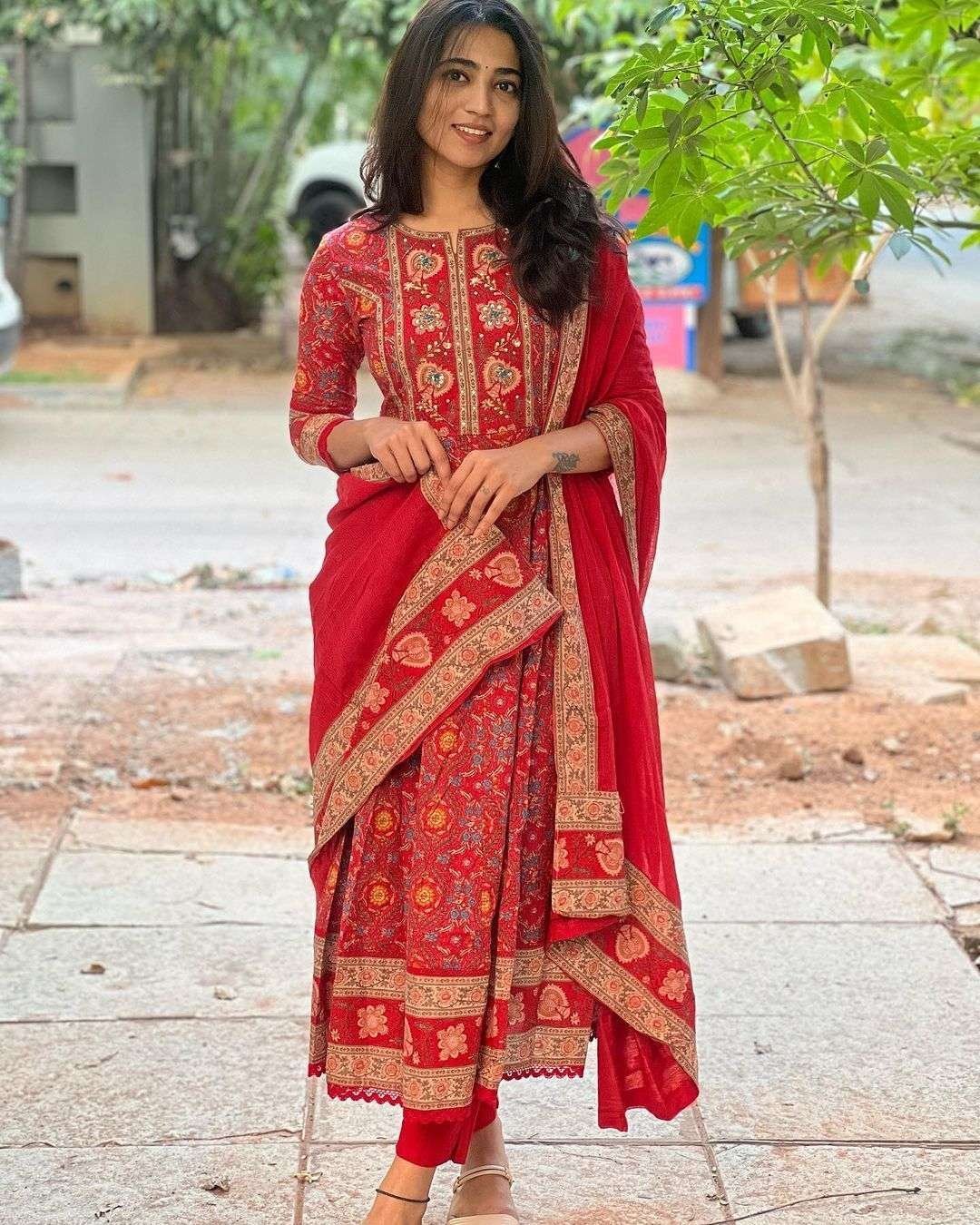 Women’s Cotton Anarkali Embroidery Designer Long Anarkali Kurti With Pant and Dupatta Set (Red)