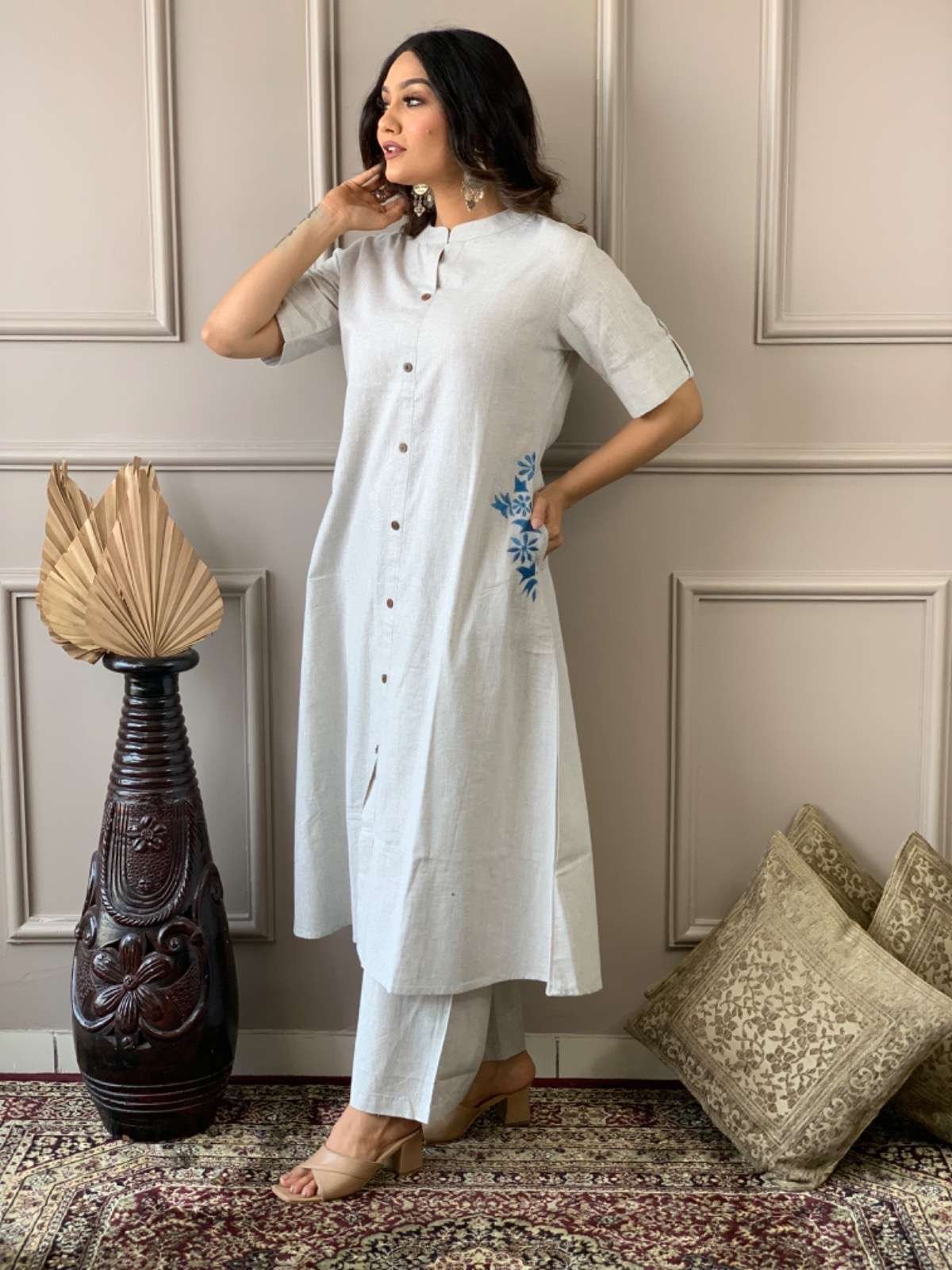 Women’s Cotton Embroiderd Long A-Line Kurti with Palazzo