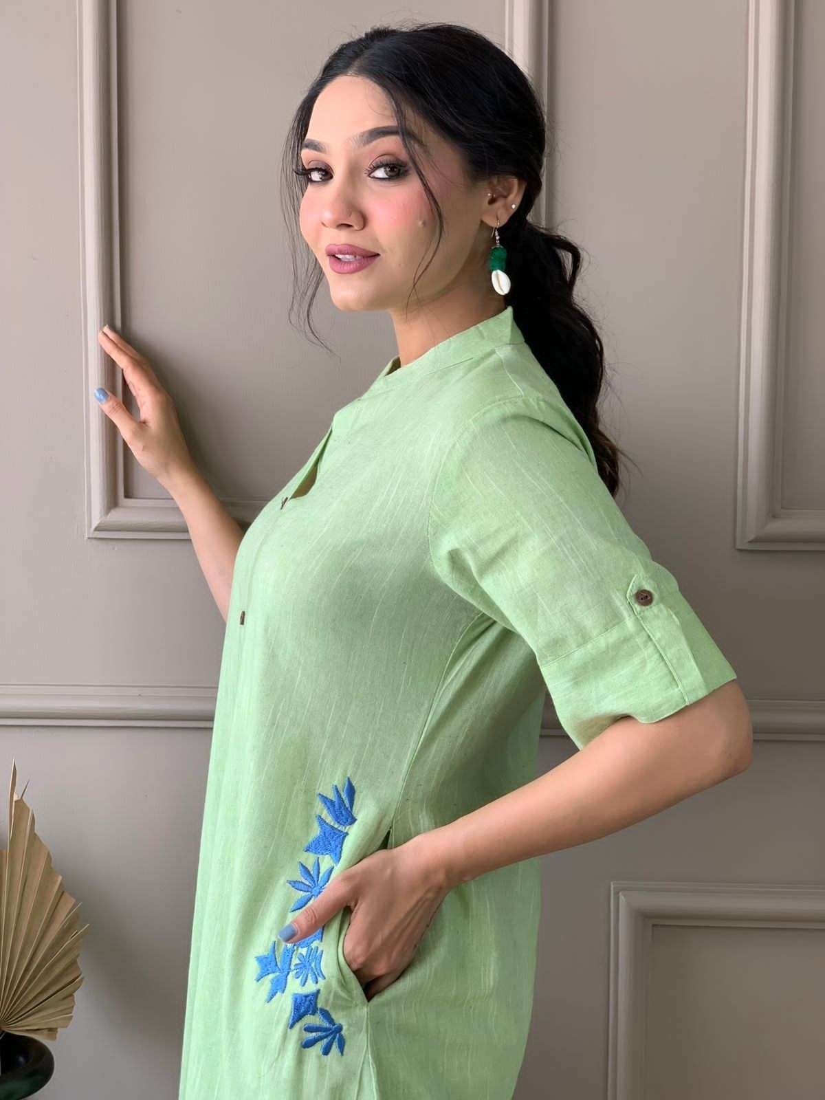 Women’s Cotton Embroiderd Long A-Line Kurti with Palazzo