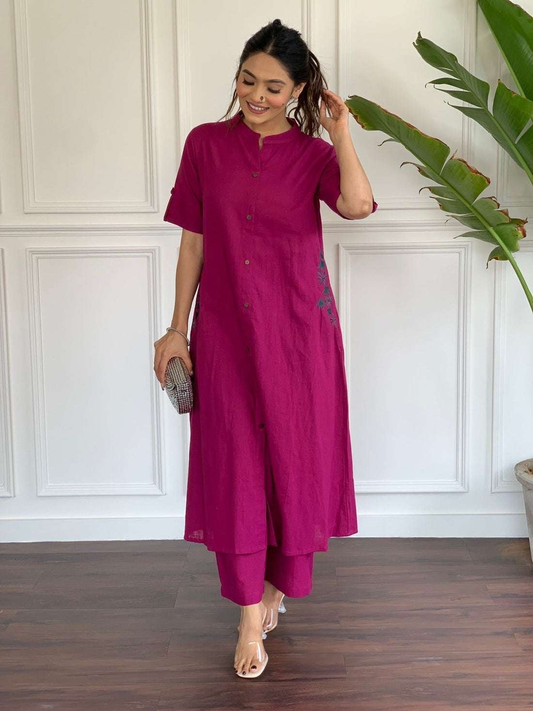 Women’s Cotton Embroiderd Long A-Line Kurti with Palazzo