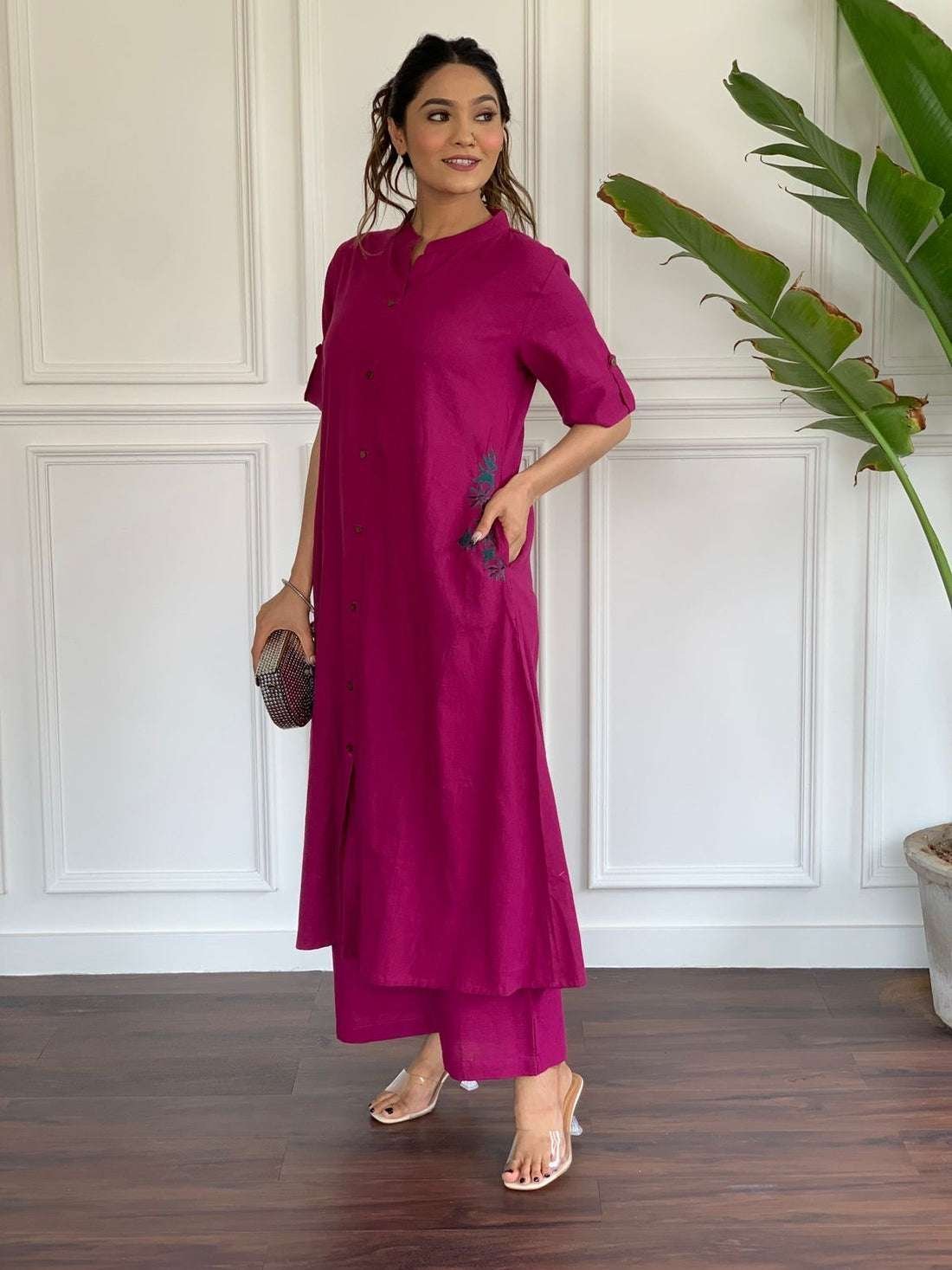 Women’s Cotton Embroiderd Long A-Line Kurti with Palazzo