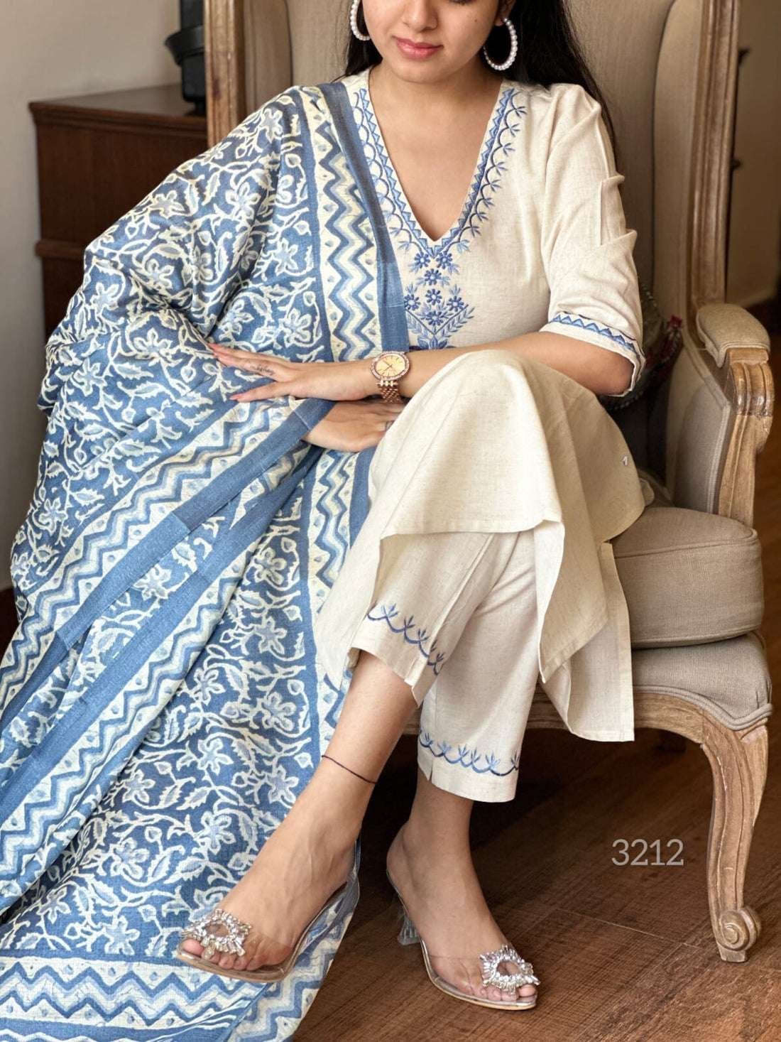 Women’s Cotton Embroiderd Straight Kurti With Pant and Printed Dupatta Set