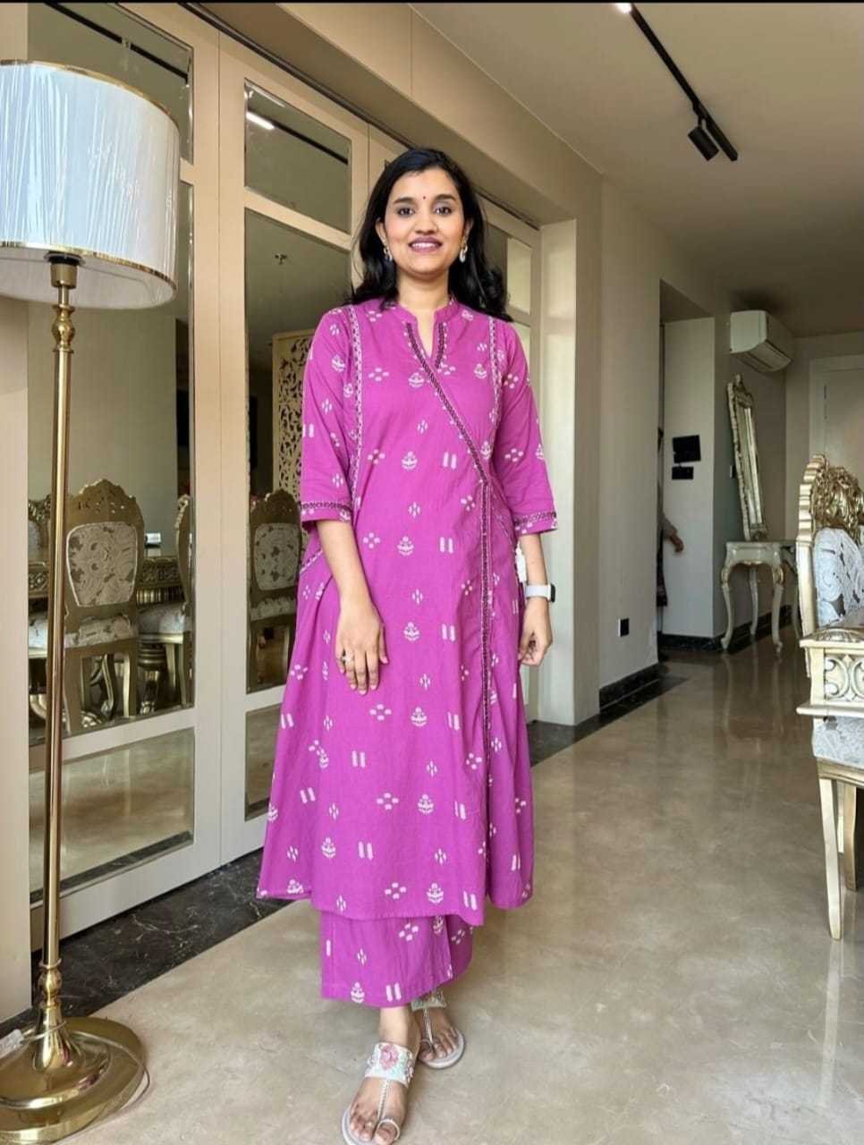 Women’s Cotton Embroidered Anarkali Kurti with Pant and Dupatta Set