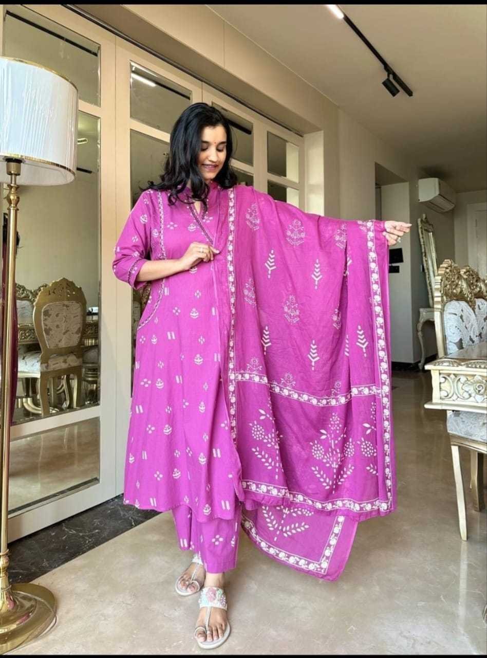 Women’s Cotton Embroidered Anarkali Kurti with Pant and Dupatta Set