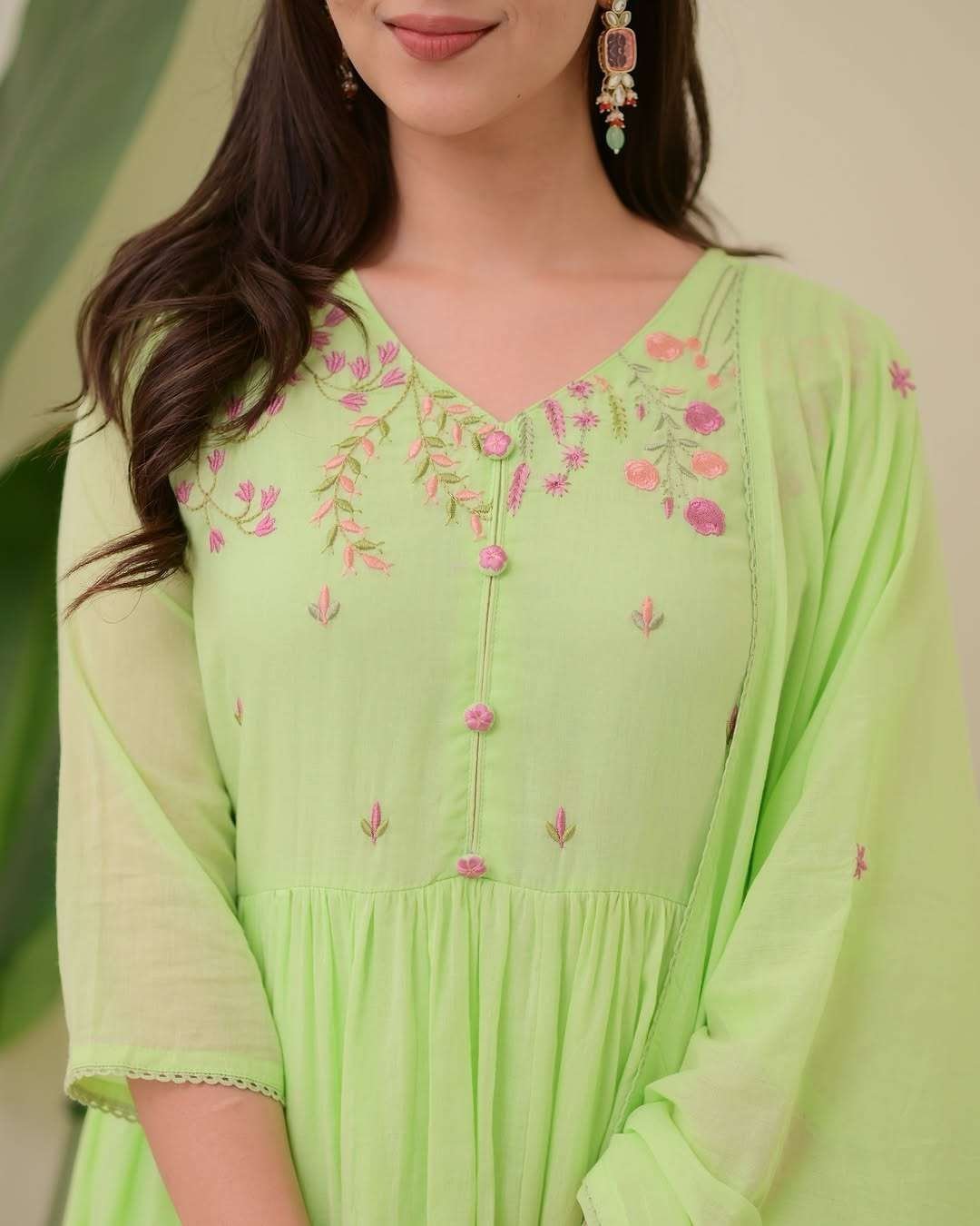 Women’s Cotton Embroidered Anarkali Kurti With Pant and Dupatta set